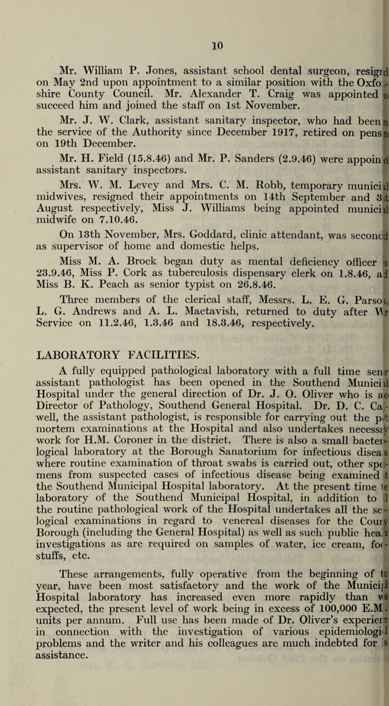 Mr. William P. Jones, assistant school dental surgeon, resigrd on May 2nd upon appointment to a similar position with the Oxfo:.- shire County Council. Mr. Alexander T. Craig was appointed o succeed him and joined the staff on 1st November. Mr. J. W. Clark, assistant sanitary inspector, who had beenn the service of the Authority since December 1917, retired on pensn on 19th December. Mr. H. Field (15.8.46) and Mr. P. Sanders (2.9.46) were appoind assistant sanitary inspectors. Mrs. W. M. Levey and Mrs. C. M. Robb, temporary municiil midwives, resigned their appointments on 14th September and 3 it August respectively. Miss J. Williams being appointed municiil midwife on 7.10.46. On 13th November, Mrs. Goddard, clinic attendant, was seconcd as supervisor of home and domestic helps. Miss M. A. Brock began duty as mental deficiency officer a 23.9.46, Miss P. Cork as tuberculosis dispensary clerk on 1.8.46, ai Miss B. K. Peach as senior typist on 26.8.46. Three members of the clerical staff, Messrs. L. E. G. Parsos, L. G. Andrews and A. L. Mactavish, returned to duty after V\,r Service on 11.2.46, 1.3.46 and 18.3.46, respectively. LABORATORY FACILITIES. A fully equipped pathological laboratory with a full time sen-r assistant pathologist has been opened in the Southend Municiil Hospital under the general direction of Dr. J. O. Oliver who is ao Director of Pathology, Southend General Hospital. Dr. D. C. Ca.- well, the assistant pathologist, is responsible for carrying out the pit mortem examinations at the Hospital and also undertakes necessf^ work for H.M. Coroner in the district. There is also a small bacten- logical laboratory at the Borough Sanatorium for infectious disea s where routine examination of throat swabs is carried out, other spd- mens from suspected cases of infectious disease being examined t the Southend Municipal Hospital laboratory. At the present time 1e laboratory of the Southend Municipal Hospital, in addition to il the routine pathological work of the Hospital undertakes all the sc- logical examinations in regard to venereal diseases for the Corny Borough (including the General Hospital) as well as such public hea^i investigations as are required on samples of water, ice cream, fo(.- stuffs, etc. ie These arrangements, fully operative from the beginning of year, have been most satisfactory and the work of the Municijil Hospital laboratory has increased even more rapidly than vs expected, the present level of work being in excess of 100,000 E.M . units per annum. Full use has been made of Dr. Oliver’s experiers in connection with the investigation of various epidemiologic >1 problems and the writer and his colleagues are much indebted for assistance. )