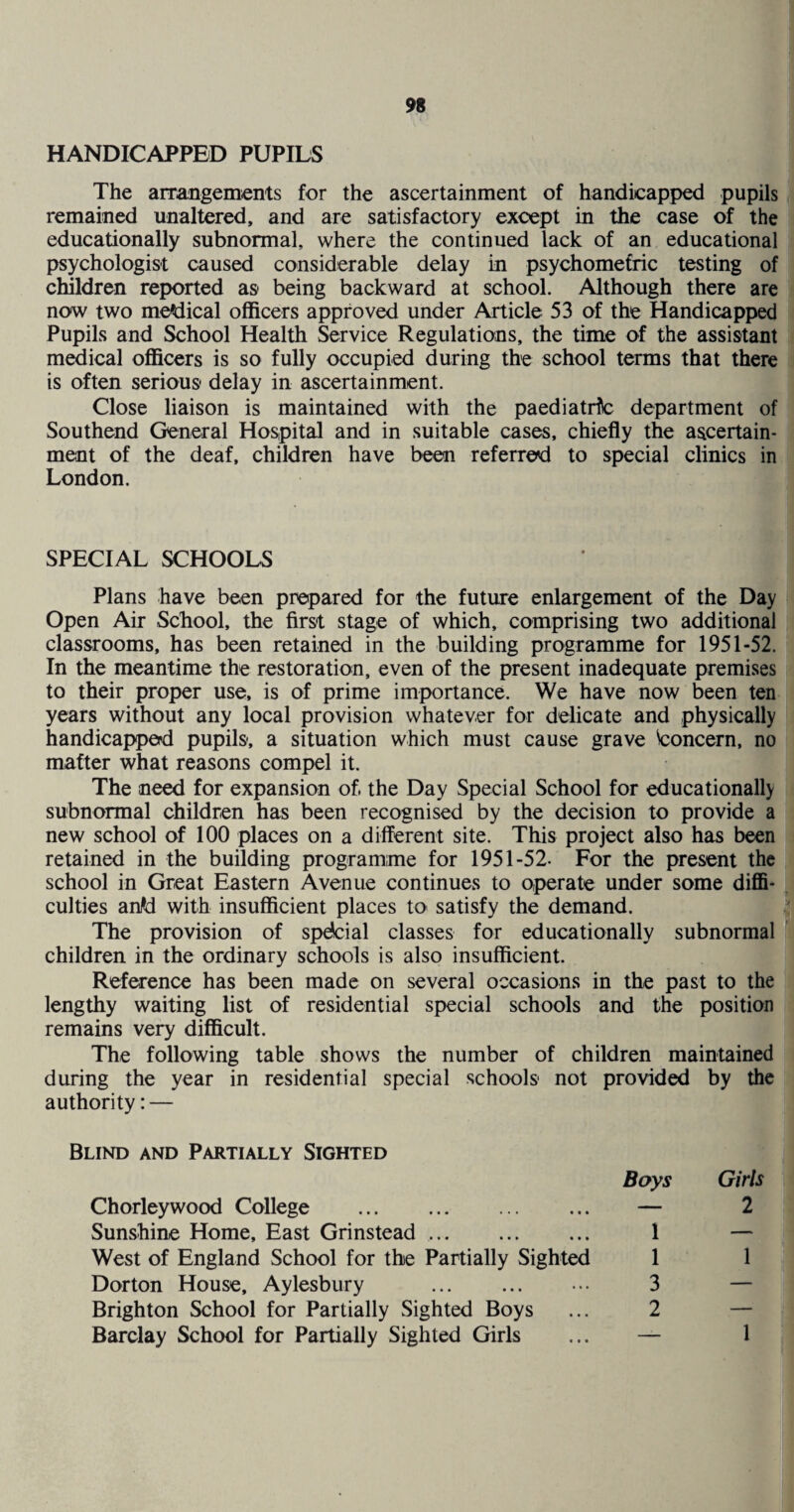 HANDICAPPED PUPILS The arrangements for the ascertainment of handicapped pupils remained unaltered, and are satisfactory except in the case of the educationally subnormal, where the continued lack of an educational psychologist caused considerable delay in psychomefric testing of children reported as being backward at school. Although there are now two medical officers approved under Article 53 of the Handicapped Pupils and School Health Service Regulations, the time of the assistant medical officers is so fully occupied during the school terms that there is often serious delay in ascertainment. Close liaison is maintained with the paediatric department of Southend General Hospital and in suitable cases, chiefly the ascertain¬ ment of the deaf, children have been referred! to special clinics in London. SPECIAL SCHOOLS Plans have been prepared for the future enlargement of the Day Open Air School, the first stage of which, comprising two additional classrooms, has been retained in the building programme for 1951-52. In the meantime the restoration, even of the present inadequate premises to their proper use, is of prime importance. We have now been ten years without any local provision whatever for delicate and physically handicapped pupils, a situation which must cause grave Concern, no matter what reasons compel it. The need for expansion of. the Day Special School for educationally subnormal children has been recognised by the decision to provide a new school of 100 places on a different site. This project also has been retained in the building programme for 1951-52. For the present the school in Great Eastern Avenue continues to operate under some diffi¬ culties anfcl with insufficient places io satisfy the demand. The provision of special classes for educationally subnormal children in the ordinary schools is also insufficient. Reference has been made on several occasions in the past to the lengthy waiting list of residential special schools and the position remains very difficult. The following table shows the number of children maintained during the year in residential special schools not provided by the authority: — Blind and Partially Sighted Bays Chorleywood College . — Sunshine Home, East Grinstead. 1 West of England School for the Partially Sighted 1 Dorton House, Aylesbury . ... 3 Brighton School for Partially Sighted Boys ... 2 Barclay School for Partially Sighted Girls ... — Girls 2 1 1