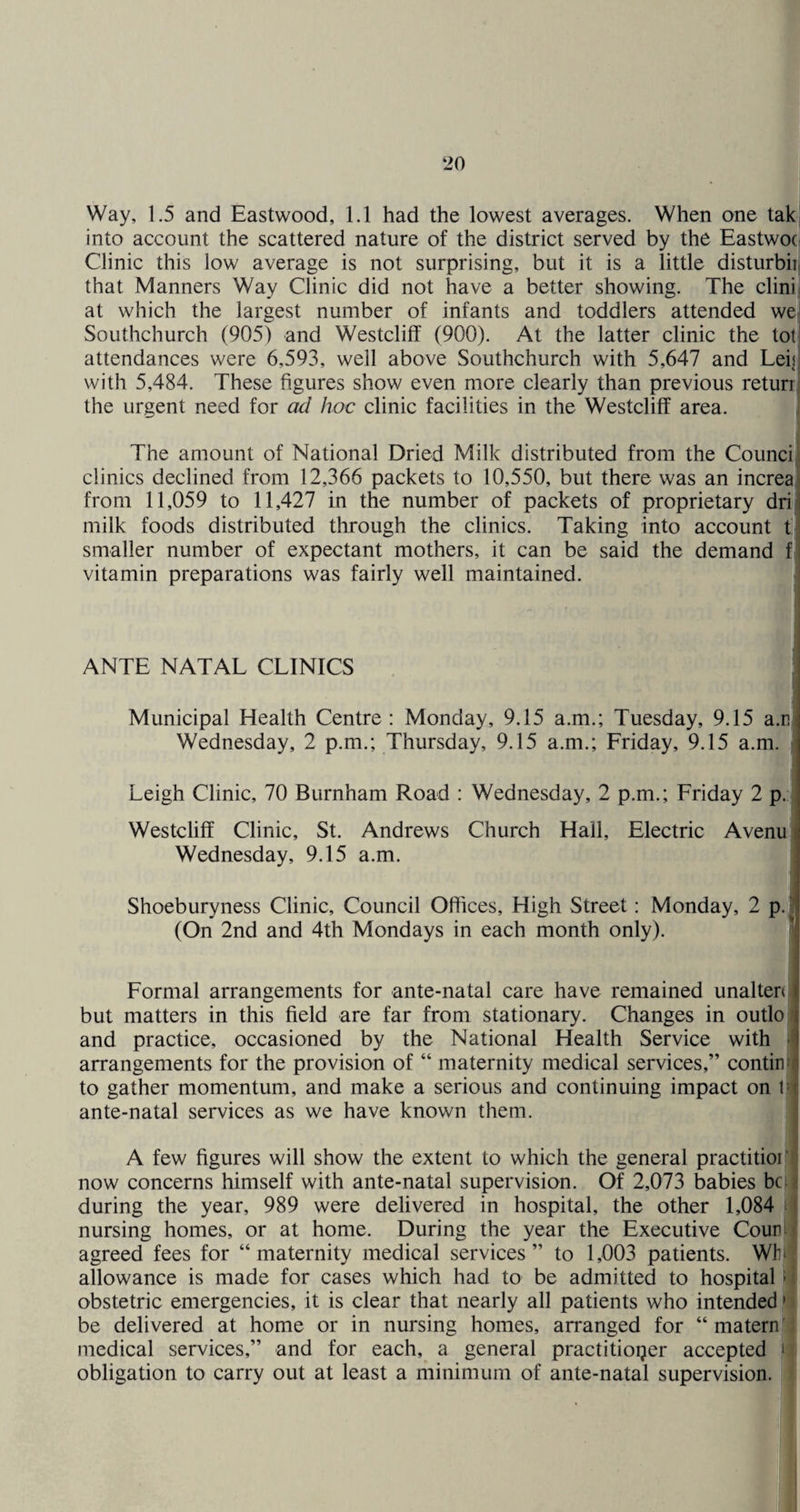 Way, 1.5 and Eastwood, 1.1 had the lowest averages. When one tak| into account the scattered nature of the district served by the Eastwoci Clinic this low average is not surprising, but it is a little disturbnj that Manners Way Clinic did not have a better showing. The clinij at which the largest number of infants and toddlers attended wC] Southchurch (905) and Westcliff (900). At the latter clinic the tot' attendances were 6,593, well above Southchurch with 5,647 and Leiji with 5,484. These figures show even more clearly than previous retuni the urgent need for ad hoc clinic facilities in the Westcliff area. i The amount of National Dried Milk distributed from the Counci clinics declined from 12,366 packets to 10,550, but there was an increa from 11,059 to 11,427 in the number of packets of proprietary dri milk foods distributed tlirough the clinics. Taking into account t: smaller number of expectant mothers, it can be said the demand f vitamin preparations was fairly well maintained. ANTE NATAL CLINICS . Municipal Health Centre: Monday, 9.15 a.m.; Tuesday, 9.15 a.n] Wednesday, 2 p.m.; Thursday, 9.15 a.m.; Friday, 9.15 a.m. Leigh Clinic, 70 Burnham Road ; Wednesday, 2 p.m.; Friday 2 p. Westcliff Clinic, St. Andrews Church Hall, Electric Avenuj Wednesday, 9.15 a.m. Shoeburyness Clinic, Council Offices, High Street: Monday, 2 p. (On 2nd and 4th Mondays in each month only). Formal arrangements for ante-natal care have remained unalten but matters in this field are far from stationary. Changes in outlo[ and practice, occasioned by the National Health Service with arrangements for the provision of “ maternity medical services,” continj to gather momentum, and make a serious and continuing impact on l| ante-natal services as we have known them. A few figures will show the extent to which the general practitioi now concerns himself with ante-natal supervision. Of 2,073 babies be during the year, 989 were delivered in hospital, the other 1,084 nursing homes, or at home. During the year the Executive Coun agreed fees for “maternity medical services” to 1,003 patients. Wh allowance is made for cases which had to be admitted to hospital obstetric emergencies, it is clear that nearly all patients who intended be delivered at home or in nursing homes, arranged for “ maternl'j medical services,” and for each, a general practitioner accepted obligation to carry out at least a minimum of ante-natal supervision