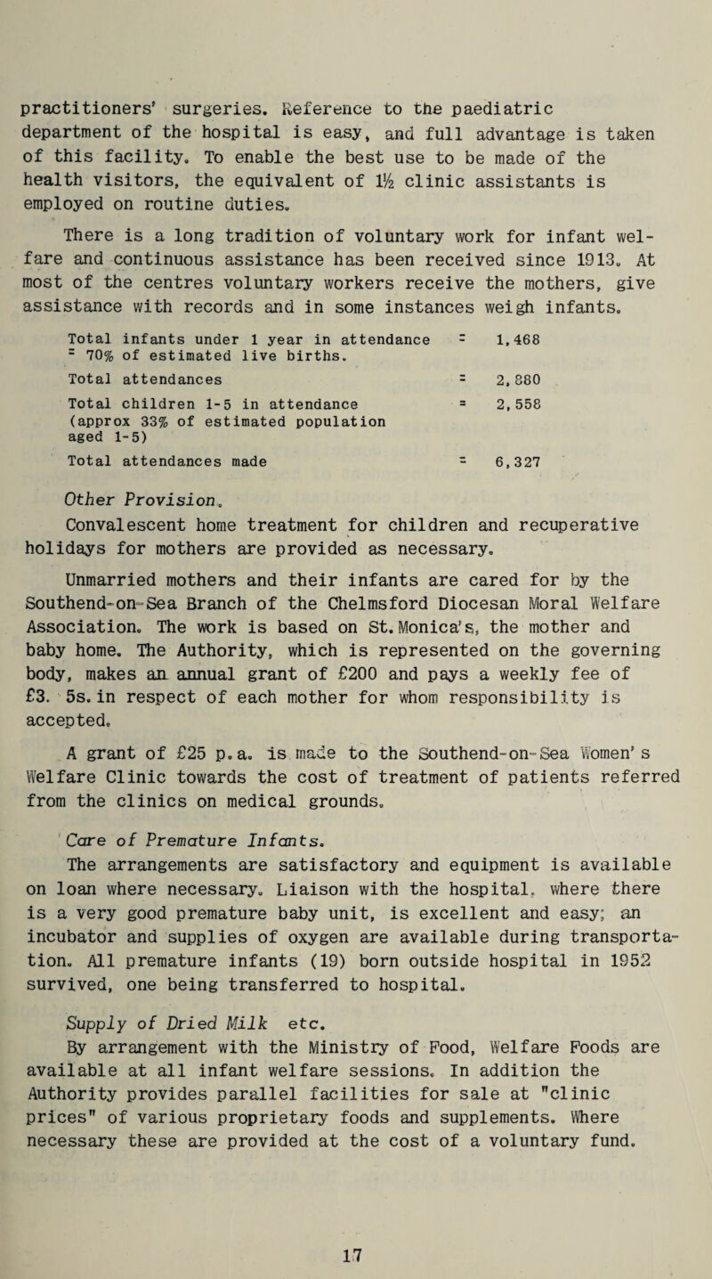 practitioners’ surgeries. Reference to the paediatric department of the hospital is easy* and full advantage is taken of this facility. To enable the best use to be made of the health visitors, the equivalent of lVz clinic assistants is employed on routine duties. There is a long tradition of voluntary work for infant wel¬ fare and continuous assistance has been received since 1913. At most of the centres voluntary workers receive the mothers, give assistance with records and in some instances weigh infants. Total infants under 1 year in attendance - 1,468 = 70% of estimated live births. Total attendances = 2,880 Total children 1-5 in attendance = 2,558 (approx 33% of estimated population aged 1-5) Total attendances made = 6,327 Other Provision.. Convalescent home treatment for children and recuperative holidays for mothers are provided as necessary. Unmarried mothers and their infants are cared for by the Southend-on-Sea Branch of the Chelmsford Diocesan Moral Welfare Association. The work is based on St. Monica’s, the mother and baby home. The Authority, which is represented on the governing body, makes an annual grant of £200 and pays a weekly fee of £3. 5s.in respect of each mother for whom responsibility is accepted. A grant of £25 p.a. is made to the Southend-on-Sea Women’s Welfare Clinic towards the cost of treatment of patients referred from the clinics on medical grounds. Care of Premature Infants. The arrangements are satisfactory and equipment is available on loan where necessary. Liaison with the hospital, where there is a very good premature baby unit, is excellent and easy; an incubator and supplies of oxygen are available during transporta¬ tion. All premature infants (19) born outside hospital in 1952 survived, one being transferred to hospital. Supply of Dried Milk etc. By arrangement with the Ministry of Food, Welfare Foods are available at all infant welfare sessions. In addition the Authority provides parallel facilities for sale at clinic prices of various proprietary foods and supplements. Where necessary these are provided at the cost of a voluntary fund.