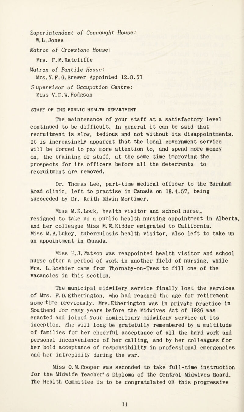 Superintendent of Connaught House: W. L. Jones Matron of Crows tone House: Mrs. F.M.Ratcliffe Matron of Pantile House: Mrs.Y.F.G.Brewer Appointed 12.8.57 S upervisor of Occupation Centre: Miss V.F.W. Hodgson STAFF OF THE PUBLIC HEALTH DEPARTMENT The maintenance of your staff at a satisfactory level continued to be difficult. In general it can be said that recruitment is slow, tedious and not without its disappointments. It is increasingly apparent that the local government service will be forced to pay more attention to, and spend more money on, the training of staff, at the same time improving the prospects for its officers before all the deterrents to recruitment are removed. Dr. Thomas Lee, part-time medical officer to the Burnham Road clinic, left to practise in Canada on 18.4.57, being succeeded by Dr. Keith Edwin Mortimer. Miss M.K.Lock, health visitor and school nurse,, resigned to take up a public health nursing appointment in Alberta, and her colleague Miss M.E.Kidder emigrated to California. Miss M.A.Lukey, tuberculosis health visitor, also left to take up an appointment in Canada. Miss E.J. Watson was reappointed health visitor and school nurse after a period of work in another field of nursing, while Mrs. L. Roshier came from Thornaby-on-Tees to fill one of the vacancies in this section. The municipal midwifery service finally lost the services of Mrs. F.D. Etherington, who had reached the age for retirement some time previously. Mrs.Etherington was in private practice in Southend for many years before the Midwives Act of 1936 was enacted and joined your domiciliary midwifery service at its inception. Shie will long be gratefully remembered by a multitude of families for her cheerful acceptance of all the hard work and personal inconvenience of her calling, and by her colleagues for her bold acceptance of responsibility in professional emergencies and her intrepidity during the war. Miss O.M.Cooper was seconded to take full-time instruction for the Midwife Teacher’s Diploma of the Central Midwives Board. The Health Committee is to be congratulated on this progressive