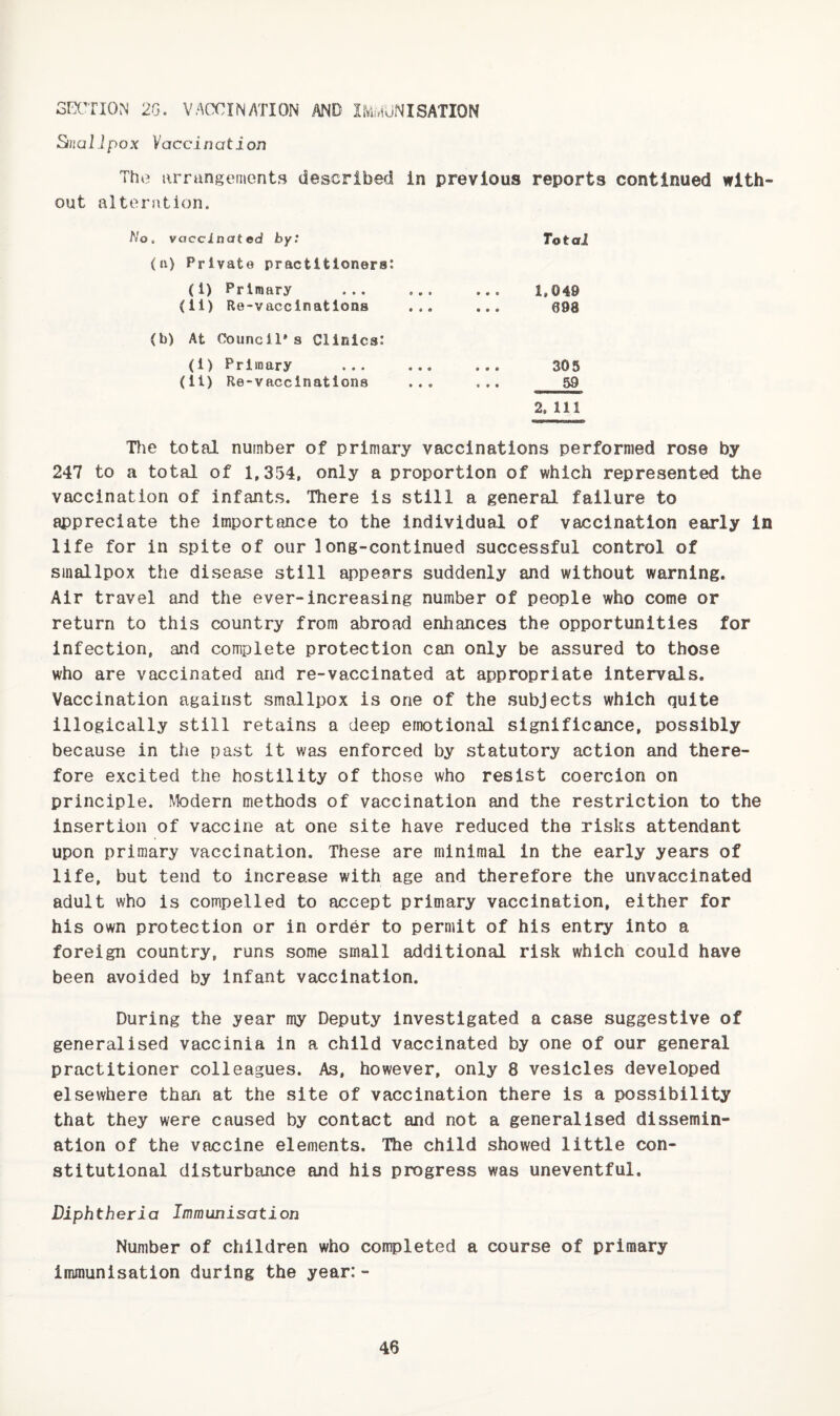 SECTION 2G. VACX:iNATION AND I.W,iUNISATION Smallpox Vaccination The arrangements described in previous reports continued with- out alteration. No. vaccinated by: Total (a) Private practitioners: (1) Primary 0 m • • 86 1.049 (ii) Ro-vaccinations • • 8 • 88 698 (b) At Council* s Clinics: (1) Primary • 88 8 8 8 305 (11) Re-vnccinatlone • • e « 8 8 59 2. Ill Tlie total number of primary vaccinations performed rose by 247 to a total of 1,354, only a proportion of which represented the vaccination of infants. There is still a general failure to appreciate the Importance to the individual of vaccination early in life for in spite of our long-continued successful control of smallpox the disease still appears suddenly and without warning. Air travel and the ever-increasing number of people who come or return to this country from abroad enhances the opportunities for infection, and complete protection can only be assured to those who are vaccinated and re-vaccinated at appropriate intervals. Vaccination against smallpox is one of the subjects which quite illogically still retains a deep emotional significance, possibly because in the past it was enforced by statutory action and there¬ fore excited the hostility of those who resist coercion on principle. Ntodern methods of vaccination and the restriction to the insertion of vaccine at one site have reduced the risks attendant upon primary vaccination. These are minimal in the early years of life, but tend to increase with age and therefore the unvaccinated adult who is compelled to accept primary vaccination, either for his own protection or in order to permit of his entry into a foreign country, runs some small additional risk which could have been avoided by Infant vaccination. During the year my Deputy investigated a case suggestive of generalised vaccinia in a child vaccinated by one of our general practitioner colleagues. As, however, only 8 vesicles developed elsewhere than at the site of vaccination there is a possibility that they were caused by contact and not a generalised dissemin¬ ation of the vaccine elements. The child showed little con¬ stitutional disturbance and his progress was uneventful. Diphtheria Immunisation Number of children who completed a course of primary immunisation during the year:-