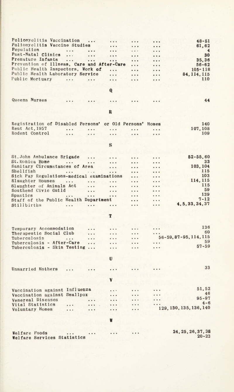 Poliomyelitis Vaccination ... ... Poliomyelitis Vaccine Studies ... Population Post-Natal Clinics ... ... ... Premature Infants ... ... ... Prevention of Illness, Care and After-Care Public Health Inspectors, Work of ... Public Health Laboratory Service ... Public Mortuary ... ... ... 48-51 61,62 4 30 35,36 56-62 105-118 84,114,115 110 Queens Nurses 44 R Registration of Disabled Rent Act,1957 Rodent Control ... Persons* or Old Persons* 9 m • ••• ••• ••• Homes 140 107,108 ... 109 S St.John Ambulance Brigade ... • • • 62-66,60 St. Monica Horne ... ... • • • 33 Sanitary Circurnstances of Area • • • 103,104 Shellfish ... . *. • • • 115 Sick Pay Regulations-medical examinations 103 Slaughter Houses ... ... « • • 114, 115 Slaughter of Animals Act ... • • • 115 Southend Civic Guild ... • • • 59 Spastics ... ... • • • 139 Staff of the Public Health Department 7-12 Stillbirths ... ... • • • 4,5.33,34,37 T Temporary Accommodation Therapeutic Social Club Tuberculosis ... Tuberculosis - After-Care Tuberculosis - Skin Testing 136 60 56-59,87-95,114,115 59 57-59 U Unmarried Mothers 33 V Vaccination against Influenza Vaccination against Smallpox Venereal Diseases Vital Statistics ... Voluntary Homes ... 51,52 46 95-97 4-6 129,130,135,136,140 W Welfare Foods Welfare Services Statistics • * • • • • • • * 24,25,26,37,38 20-23