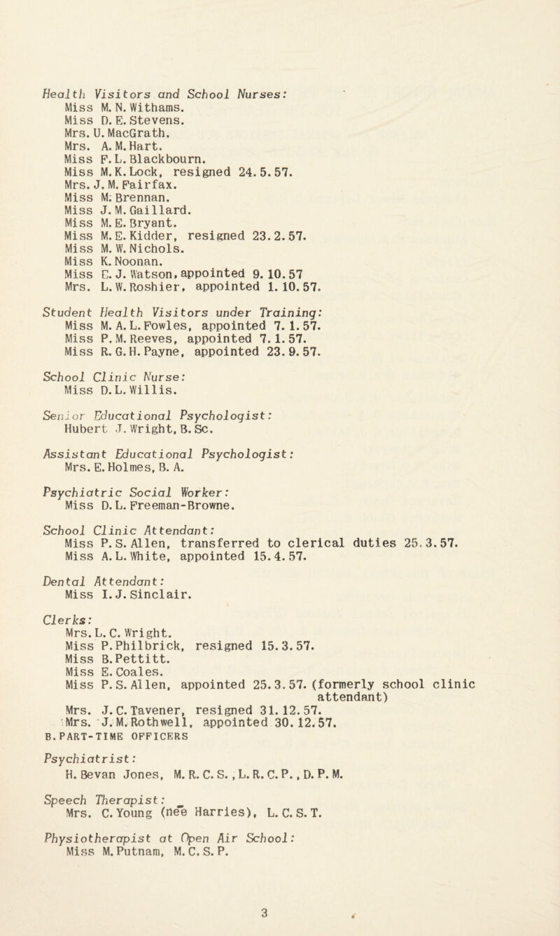 Health Visitors and School Nurses: Miss M, N. Withams. Miss D.E. Stevens. Mrs. U. MacGrath. Mrs. A. M. Hart. Miss F.L.Blackbourn. Miss M.K.Lock, resigned 24.5.57. Mrs. J, M. Fairfax. Miss M; Brennan. Miss J. M.Gaillard. Miss M.E. Bryant. Miss M.E. Kidder, resigned 23.2.57. Miss M.W. Nichols. Miss K. Noonan. Miss E. J. Watson,appointed 9. 10.57 Mrs. L. W. Roshier, appointed 1.10.57. Student Health Visitors under Training: Miss M. A. L. Fowles, appointed 7.1.57. Miss P.M. Reeves, appointed 7.1.57. Miss R. G. H. Payne, appointed 23.9.57. School Clinic Nurse: Miss D.L.Willis. Sen lor Educational Psychologist: Hubert J.Wright, B.Sc. Assistant Educational Psychologist: Mrs. E. Holmes, B. A. Psychiatric Social Worker: Miss D. L. Freeman “Browne. School Clinic Attendant: Miss P.S. Allen, transferred to clerical duties 25.3.57. Miss A. L. White, appointed 15.4.57. Dental Attendant: Miss I. J. Sinclair. Clerks: Mrs. L. C. Wright. Miss P.Philbrick, resigned 15.3.57. Miss B.Pettitt. Miss E.Coales, Miss P.S.Allen, appointed 25.3.57.(formerly school clinic attendant) Mrs, J.C. Tavener, resigned 31.12.57. ■Mrs. J. M. Rothwell, appointed 30.12. $7. B.PART-TIME OFFICERS Psychiatrist: H. Bevan Jones, M. R. C. S., L. R. C. P., D. P. M. Speech Therapist: Mrs. C. Young (ne'e Harries), L. C. S. T. Physiotherapist at Open Air School: Miss M. Putnam, M. C.S. P.