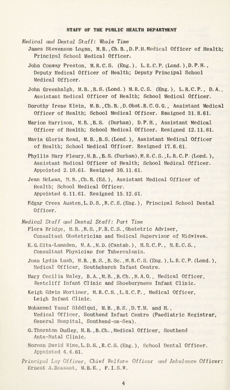 STAFF OF THE PUBLIC HEALTH DEPARTIVIENT Medical and Dental Staff: Whole Time James Stevenson Logan, M.B.,Ch. B.,D.P.H.Medical Officer of Health; Principal School Medical Officer. John Conway Preston, M.R.C.S. (Eng.), L.R.C.P. (Lond.),D.P.H., Deputy Medical Officer of Health; Deputy Principal School Medical Officer. John Greenhalgh, M. B. , B. S. (Lond.) M.R.C.S. (Eng.), L.R.C.P. , D. A., Assistant Medical Officer of Health; School Medical Officer. Dorothy Irene Klein, M.B.,Ch.B.,D.Obst.R.C.O.G., Assistant Medical Officer of Health; School Medical Officer. Resigned 31.8.61. Marion Harrison, M.B. ,B.S. (Durham), D.P.H., Assistant Medical Officer of Health; School Medical Officer. Resigned 12.11.61. Mavis Gloria Read, M. B.,B.S.(Lond.), Assistant Medical Officer of Health; School Medical Officer. Resigned 17.6.61. Phyllis Mary Eleury, M. B., B. S. (Durham),M.R.C.S.,L. R.C.P.(Lond.), Assistant Medical Officer of Health; School Medical Officer. Appointed 2.10.61. Resigned 30.11.61. Jean McLean, M.B.,Ch.B.(Ed.), Assistant Medical Officer of Health; School Medical Officer. Appointed 6.11.61. Resigned 15.12.61. Edgar Crees Austen,L. D. S.,R.C.S.(Eng.), Principal School Dental Officer. Medical Staff and Dental Staff: Part Time Flora Bridge, M.B.,B. S. ,P.R.C.S.,Obstetric Adviser, Consultant Obstetrician and Medical Supervisor of Midwives. E. G. Sita-Lumsden, M. A. , M. D. (Cantab.), M. R. C.P., M.R.C.S., Consultant Physician for Tuberculosis. Joan Lydia Lush, M.B. , B.S. ,B.Sc.,M.R.C.S.(Eng.),L.R.C.P.(Lond.), Medical Officer, Southchurch Infant Centre. Mary Cecilia Maley, B.A.,M.B.,B.Ch.,R.A.0. , Medical Officer, Westcliff Infant Clinic and Shoeburyness Infant Clinic. Keigh Edwin Mortimer, M. R.C.S. ,L. R.C. P. , Medical Officer, Leigh Infant Clinic. Mohammed Yusuf Siddiqui, M. B.,B.S.,D.T.M. and H., Medical Officer, Southend Infant Centre (Paediatric Registrar, General Hospital, Southend-on-Sea). G.Thornton Dudley, M.B.,B.Ch.,Medical Officer, Southend Ante-Natal Clinic. Norman David Wine, L.D.S.,R.C.S.(Eng.), School Dental Officer. Appointed 4.4.61. Principal Lay Officer, Chief Vhlfare Officer and Ambulance Officer: Ernest A.Beasant, M.B.E., F.I.S.W.