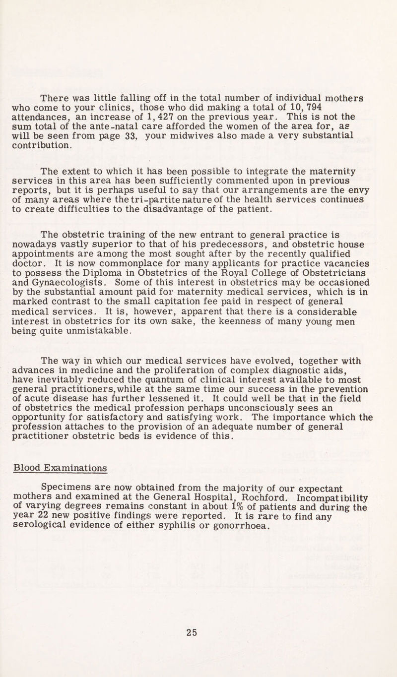 There was little failing off in the total number of individual mothers who come to your clinics, those who did making a total of 10, 794 attendances, an increase of 1,427 on the previous year. This is not the sum total of the ante-natal care afforded the women of the area for, as will be seen from page 33, your midwives also made a very substantial contribution. The extent to which it has been possible to integrate the maternity services in this area has been sufficiently commented upon in previous reports, but it is perhaps useful to say that our arrangements are the envy of many areas where the tri-partite nature of the health services continues to create difficulties to the disadvantage of the patient. The obstetric training of the new entrant to general practice is nowadays vastly superior to that of his predecessors, and obstetric house appointments are among the most sought after by the recently qualified doctor. It is now commonplace for many applicants for practice vacancies to possess the Diploma in Obstetrics of the Royal College of Obstetricians and Gynaecologists. Some of this interest in obstetrics may be occasioned by the substantial amount paid for maternity medical services, which is in marked contrast to the small capitation fee paid in respect of general medical services. It is, however, apparent that there is a considerable interest in obstetrics for its own sake, the keenness of many young men being quite unmistakable. The way in which our medical services have evolved, together with advances in medicine and the proliferation of complex diagnostic aids, have inevitably reduced the quantum of clinical interest available to most general practitioners,while at the same time our success in the prevention of acute disease has further lessened it. It could well be that in the field of obstetrics the medical profession perhaps unconsciously sees an opportunity for satisfactory and satisfying work. The importance which the profession attaches to the provision of an adequate number of general practitioner obstetric beds is evidence of this. Blood Examinations Specimens are now obtained from the majority of our expectant mothers and examined at the General Hospital Rochford. Incompatibility of varying degrees remains constant in about 1% of patients and during the year 22 new positive findings were reported. It is rare to find any serological evidence of either syphilis or gonorrhoea.