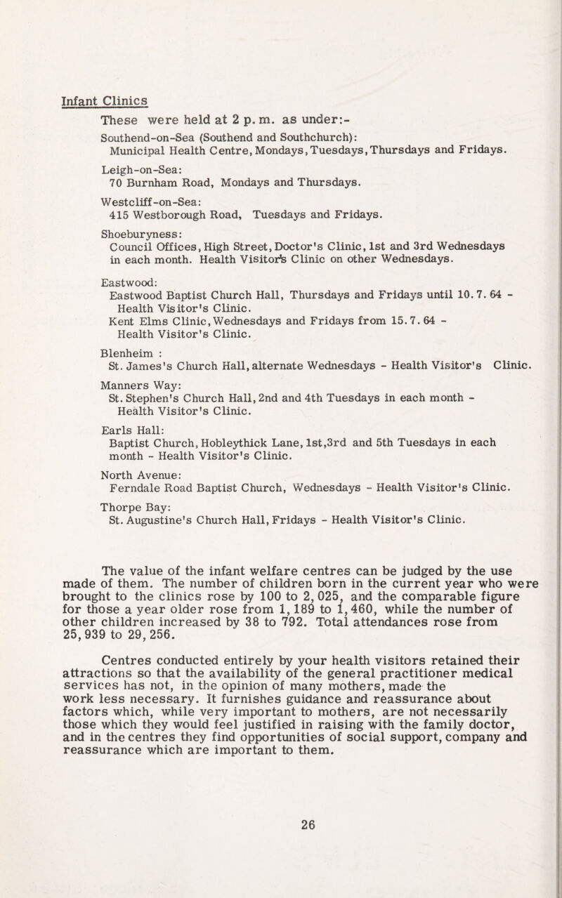 Infant Clinics These were held at 2 p. m. as under Southend-on-Sea (Southend and Southchurch): Municipal Health Centre,Mondays,Tuesdays,Thursdays and Fridays. Leigh-on-Sea: 70 Burnham Road, Mondays and Thursdays. Westcliff-on-Sea: 415 Westborough Road, Tuesdays and Fridays. Shoeburyness: Council Offices, High Street, Doctor’s Clinic, 1st and 3rd Wednesdays in each month. Health Visitor^ Clinic on other Wednesdays. Eastwood: Eastw'ood Baptist Church Hail, Thursdays and Fridays until 10. 7. 64 - Health Visitor’s Clinic. Kent Elms Clinic, Wednesdays and Fridays from 15.7. 64 - Health Visitor’s Clinic. Blenheim : St. James’s Church Hall, alternate Wednesdays - Health Visitor’s Clinic. Manners Way: St. Stephen’s Church Hall, 2nd and 4th Tuesdays in each month - Health Visitor’s Clinic. Earls Hall: Baptist Church, Hobleythick Lane, 1st,3rd and 5th Tuesdays in each month - Health Visitor's Clinic. North Avenue: Ferndale Road Baptist Church, Wednesdays - Health Visitor’s Clinic. Thorpe Bay: St. Augustine’s Church Hail, Fridays - Health Visitor’s Clinic. The value of the infant welfare centres can be judged by the use naade of them. The number of children born in the current year who were brought to the clinics rose by 100 to 2, 025, and the comparable figure for those a year older rose from 1,189 to 1,460, while the number of other children increased by 38 to 792. Total attendances rose from 25,939 to 29, 256. Centres conducted entirely by your health visitors retained their attractions so that the availability of the general practitioner medical services has not, in the opinion of many mothers, made the work less necessary. It furnishes guidance and reassurance about factors which, while very important to mothers, are not necessarily those which they would feel justified in raising with the family doctor, and in the centres they find opportunities of social support, company and reassurance which are important to them. j