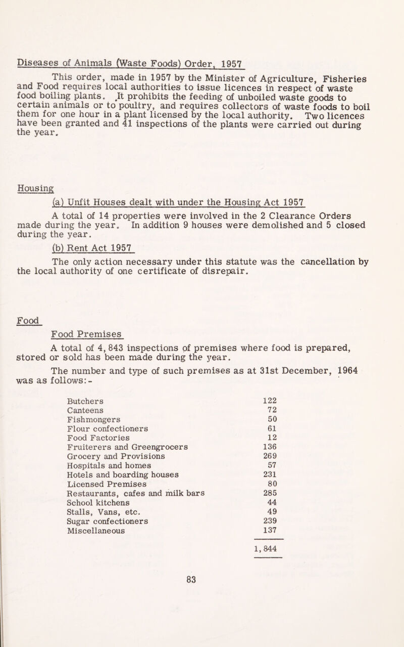 Diseases of Animals (Waste Foods) Order, 1957 This order, made in 1957 by the Minister of Agriculture, Fisheries and Food requires local authorities to issue licences in respect of waste food boiling plants« Jt prohibits the feeding of unboiled waste goods to certain animals or to poultry, and requires collectors of waste foods to boil them for one hour in a plant licensed by the local authority. Two licences have been granted and 41 inspections of the plants were carried out during the year. Housing (a) Unfit Houses dealt with under the Housing Act 1957 A total of 14 properties were involved in the 2 Clearance Orders made during the year. In addition 9 houses were demolished and 5 closed during the year. (b) Rent Act 1957 The only action necessary under this statute was the cancellation by the local authority of one certificate of disrepair. Food Food Premises A total of 4, 843 Inspections of premises where food is prepared, stored or sold has been made during the year. The number and type of such premises as at 31st December, 1964 was as follows:- Butchers 122 Canteens 72 Fishmongers 50 Flour confectioners 61 Food Factories 12 Fruiterers and Greengrocers 136 Grocery and Provisions 269 Hospitals and homes 57 Hotels and boarding houses 231 Licensed Premises 80 Restaurants, cafes and milk bars 285 School kitchens 44 Stalls, Vans, etc. 49 Sugar confectioners 239 Miscellaneous 137 1,844