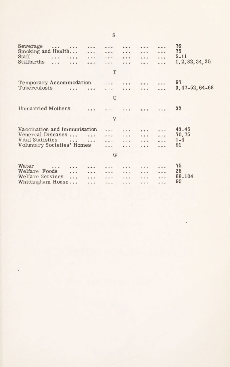 s Sewerage . Smoking and Health... Staff ... ... Stillbirths ... ... Temporary Accommodation Tuterculosis . Unmarried Mothers Vaccination and Immunisation Venereal Diseases. Vital Statistics . Voluntary Societies’ Homes A*C ••o ••• a • o O a O 9 0 0 0 0 0 T 0 0 0 0 0 0 ••• 0 9 0 0 0 0 0 0 0 u ««• *0 0 0 0 0 V w Water . Welfare Foods Welfare Services ... Whittingham House ... 76 75 5-11 1,2,32,34,35 97 3,47-52,64-68 32 43-45 70, 75 1-4 75 28 88-104 95