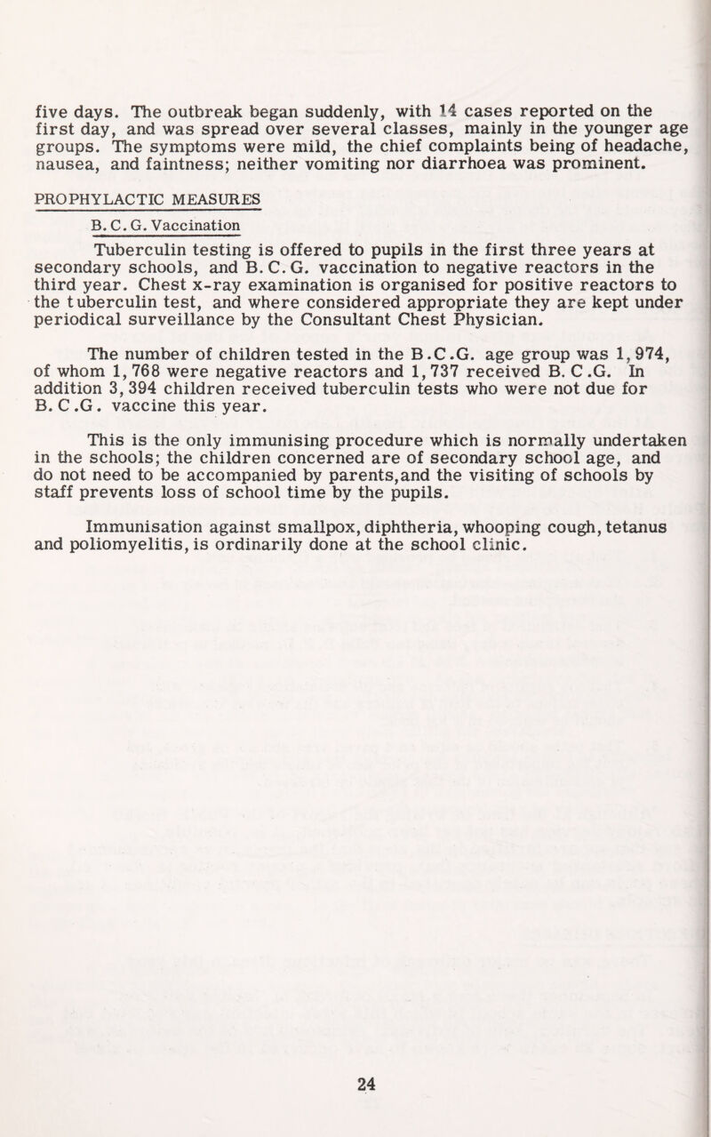 five days. The outbreak began suddenly, with 14 cases reported on tlie first day, and was spread over several classes, mainly in the younger age groups. The symptoms were mild, the chief complaints being of headache, nausea, and faintness; neither vomiting nor diarrhoea was prominent. PROPHYLACTIC MEASURES B. C. G. Vaccination Tuberculin testing is offered to pupils in the first three years at secondary schools, and B.C.G. vaccination to negative reactors in the third year. Chest x-ray examination is organised for positive reactors to the tuberculin test, and where considered appropriate they are kept under periodical surveillance by the Consultant Chest Physician. The number of children tested in the B.C.G. age group was 1,974, of whom 1, 768 were negative reactors and 1, 737 received B. C .G. In addition 3, 394 children received tuberculin tests who were not due for B. C .G. vaccine this year. This is the only immunising procedure which is normally undertaken in the schools; the children concerned are of secondary school age, and do not need to be accompanied by parents,and the visiting of schools by staff prevents loss of school time by the pupils. Immunisation against smallpox, diphtheria, whooping cough, tetanus and poliomyelitis, is ordinarily done at the school clinic. 24