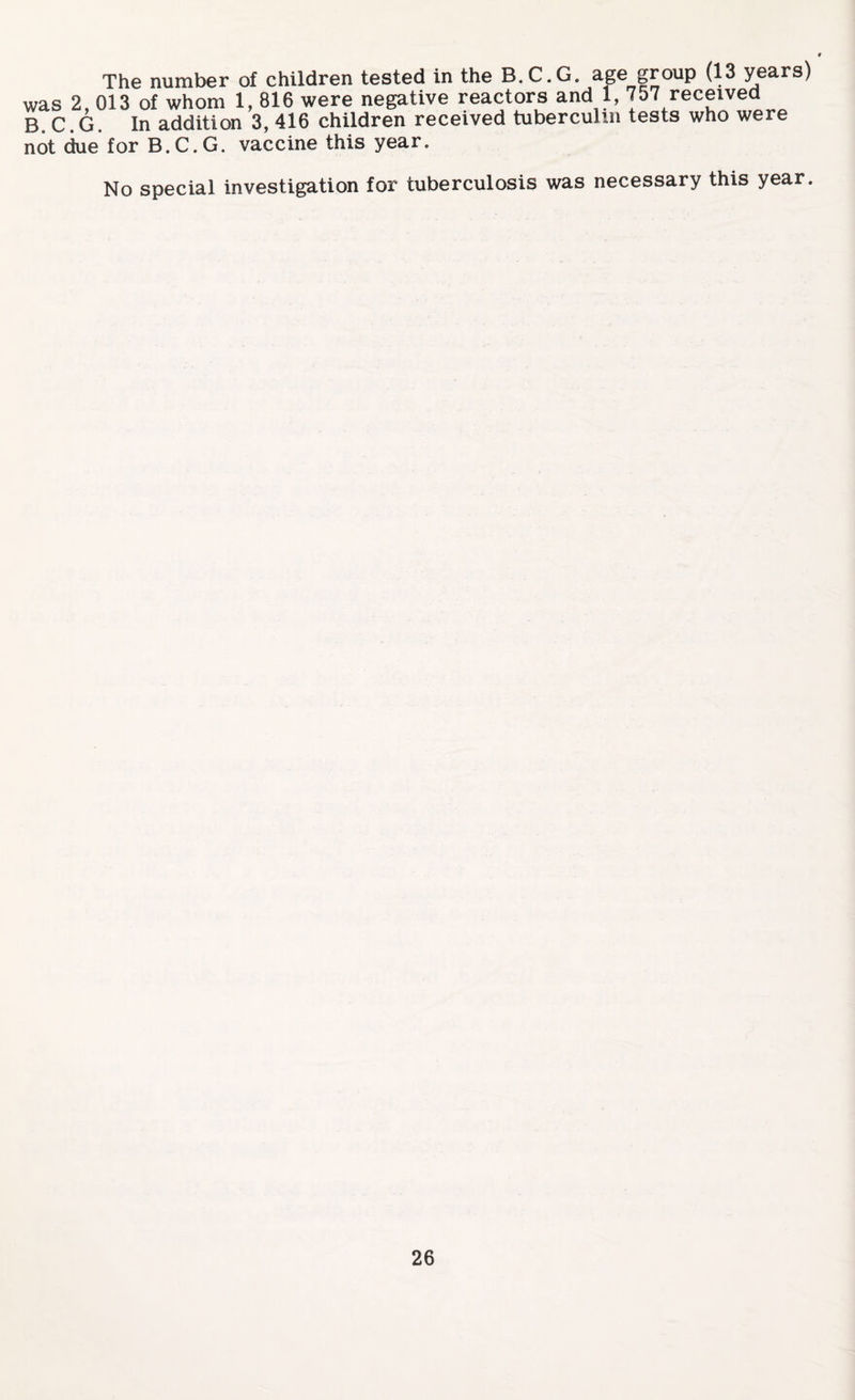 The number of children tested in the B.C.G. age group (13 years) was 2, 013 of whom 1, 816 were negative reactors and 1, 7o7 received B. C.G. In addition 3, 416 children received tuberculin tests who were not due for B.C.G. vaccine this year. No special investigation for tuberculosis was necessary this year.