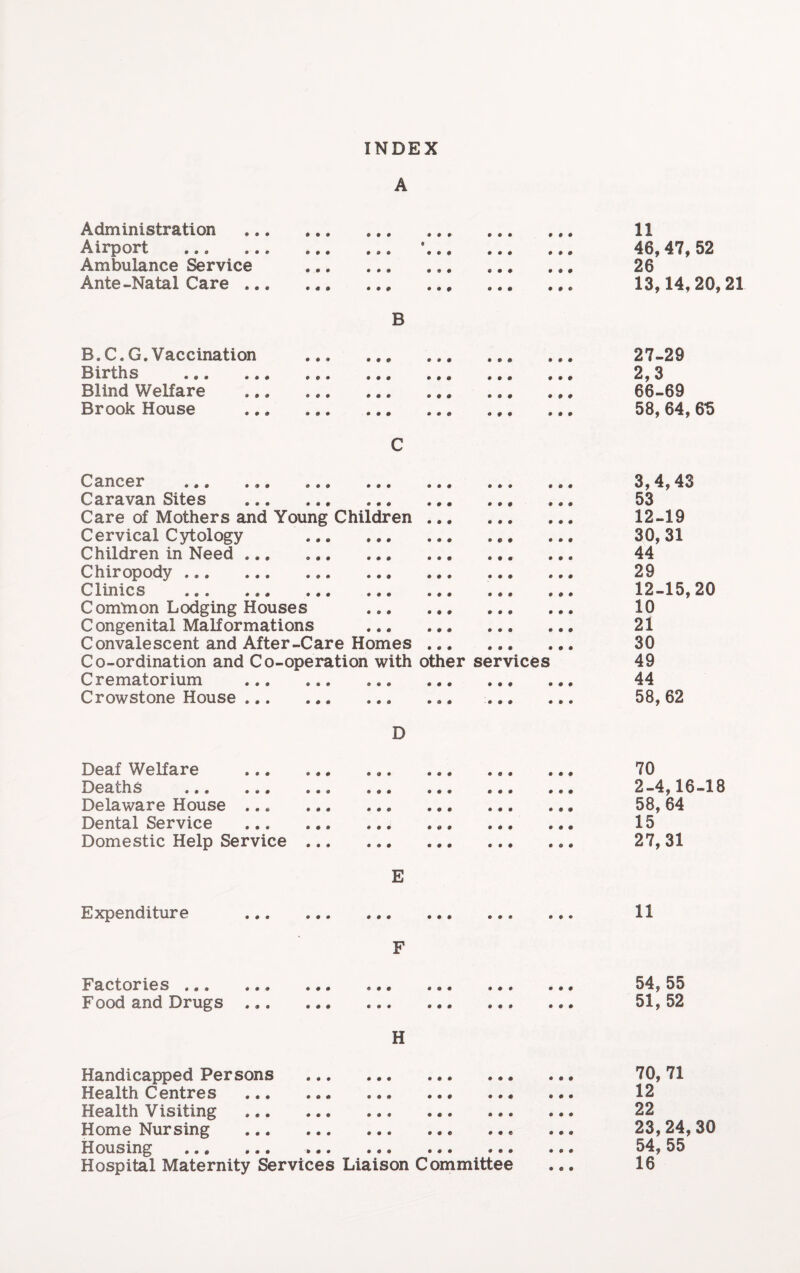 INDEX A Administration Airport Ambulance Service Ante -Natal Care ., B.C.G. Vaccination Births . Blind Welfare Brook House • • • e 9 0 « « • * * • • * • pop pop P 9 P P P P P 9 P P P P P 9 * B p p o 9 0 0 P 0 P P 0 0 P P P I P P 9 P P 0 P P 0 P P 0 • 0 0 P 0 0 P P 9 9 P P 0 P 0 9 0 0 9 9 0 P 9 0 P P 0 9 0 0 P 0 9 PP0 P P 0 0 0 0 P0P P 9 0 0 0 0 9 9 0 9 0 O V - . 0 0 0 0 0 0 9 0 0 0 0 0 0 0 0 0 0 0 Caravan Sites . Care of Mothers and Young Children. Cervical Cytology .. • Children in Need. Chiropody.. ClmiCS . . . 0 0 0 0 0 0 0 0 0 0 0 0 9 0 0 Common Lodging Houses .. Congenital Malformations . Convalescent and After-Care Homes. Co-ordination and Co-operation with other services Crematorium Crow stone House.. ... ... ... Deaf Welfare Deaths . Delaware House ... Dental Service Domestic Help Service Expenditure D E 9 9 0 0 0 9 P 9 9 P 0 9 P P 9 Factories ... Food and Drugs H Handicapped Persons Health Centres Health Visiting ... Home Nursing Housing . Hospital Maternity Services Liaison Committee • • • POP 11 46,47, 52 26 13,14,20,21 27-29 2,3 66-69 58, 64, 6*5 3,4,43 53 12-19 30,31 44 29 12-15,20 10 21 30 49 44 58,62 70 2-4,16-18 58, 64 15 27,31 11 54, 55 51, 52 70, 71 12 22 23,24,30 54, 55 16