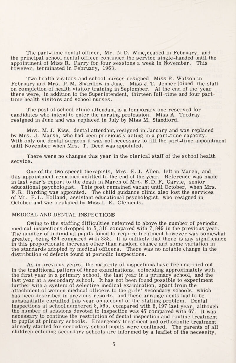 The part-time dental officer, Mr. N. D. Wine,ceased in February, and the principal school dental officer continued the service single-handed until the appointment of Miss R. Parry for four sessions a week in November. This however, terminated in February, 1968. Two health visitors and school nurses resigned, Miss E. Watson in February and Mrs. P. M. Shardlow in June. Miss J. T. Jenner joined the staff on completion of health visitor training in September. At the end of the year there were, in addition to the Superintendent, thirteen full-time and four part- time health visitors and school nurses. The post of school clinic attendant, is a temporary one reserved for candidates who intend to enter the nursing profession. Miss A. Tredray resigned in June and was replaced in July by Miss M. Standford. Mrs. M. J. Kiss, dental attendant, resigned in January and was replaced by Mrs. J. Marsh, who had been previously acting in a part-time capacity. With only one dental surgeon it was not necessary to fill the part-time appointment until November when Mrs. T. Deed was appointed. There were no changes this year in the clerical staff of the school health service. One of the two speech therapists, Mrs. E. J. Allen, left in March, and this appointment remained unfilled to the end of the year. Reference was made in last year’s report to the death in March of Mrs. E.D. F. Garvie, senior educational psychologist. This post remained vacant until October, when Mrs. E.R. Harding was appointed. The child guidance clinic also lost the services of Mr. F. L. Holland, assistant educational psychologist, who resigned in October and was replaced by Miss I. E. Clements. MEDICAL AND DENTAL INSPECTIONS Owing to the staffing difficulties referred to above the number of periodic medical inspections dropped to 5, 318 compared with 7, 849 in the previous year. The number of individual pupils found to require treatment however was somewhat greater, being 434 compared with 388. It is unlikely that there is any significance in this proportionate increase other than random chance and some variation in the standards adopted by medical officers. There was no notable change in the distribution of defects found at periodic inspections. As in previous years, the majority of inspections have been carried out in the traditional pattern of three examinations, coinciding approximately with the first year in a primary school, the last year in a primary school, and the last year at a secondary school. It has not been found possible to experiment further with a system of selective medical examination, apart from the attachment of women medical officers to the girls’ secondary schools, which has been described in previous reports, and these arrangements had to be substantially curtailed this year on account of the staffing problem. Dental inspections at school numbered 8,565, compared with 8, 197 last year, although the number of sessions devoted to inspection was 47 compared with 67. It was necessary to continue the restriction of dental inspection and routine treatment to pupils at primary schools. Emergency treatment and orthodontic treatment already started for secondary school pupils were continued. The parents of all children entering secondary schools are informed by a leaflet of the necessity,