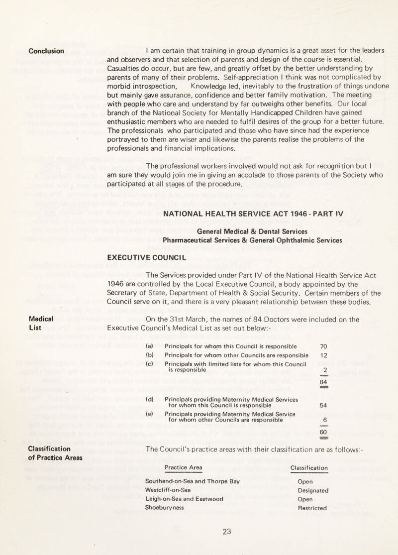 Conclusion I am certain that training in group dynamics is a great asset for the leaders and observers and that selection of parents and design of the course is essential. Casualties do occur, but are few, and greatly offset by the better understanding by parents of many of their problems. Self-appreciation I think was not complicated by morbid introspection. Knowledge led, inevitably to the frustration of things undone but mainly gave assurance, confidence and better family motivation. The meeting with people who care and understand by far outweighs other benefits. Our local branch of the National Society for Mentally Handicapped Children have gained enthusiastic members who are needed to fulfil desires of the group for a better future. The professionals who participated and those who have since had the experience portrayed to them are wiser and likewise the parents realise the problems of the professionals and financial implications. The professional workers involved would not ask for recognition but I am sure they would join me in giving an accolade to those parents of the Society who participated at all stages of the procedure. Medical List Classification of Practice Areas NATIONAL HEALTH SERVICE ACT 1946 - PART IV General Medical 8c Dental Services Pharmaceutical Services Bt Genera! Ophthalmic Services EXECUTIVE COUNCIL The Services provided under Part IV of the National Health Service Act 1946 are controlled by the Local Executive Council, a body appointed by the Secretary of State, Department of Health & Social Security. Certain members of the Council serve on it, and there is a very pleasant relationship between these bodies. On the 31st March, the names of 84 Doctors were included on the Executive Council’s Medical List as set out below:- (a) Principals for whom this Council Is responsible 70 (b) Principals for whom other Councils are responsible 12 (c) Principals with limited lists for whom this Council is responsible 2 84 (d) Principals providing Maternity Medical Services for whom this Council is responsible 54 (e) Principals providing Maternity Medical Service for whom other Councils are responsible 6 60 The Council's practice areas with their classification are as follows:- Practice Area Classification Southend-on-Sea and Thorpe Bay Westcliff-on-Sea Lelgh-on-Sea and Eastwood Shoebu ryness Open Designated Open Restricted