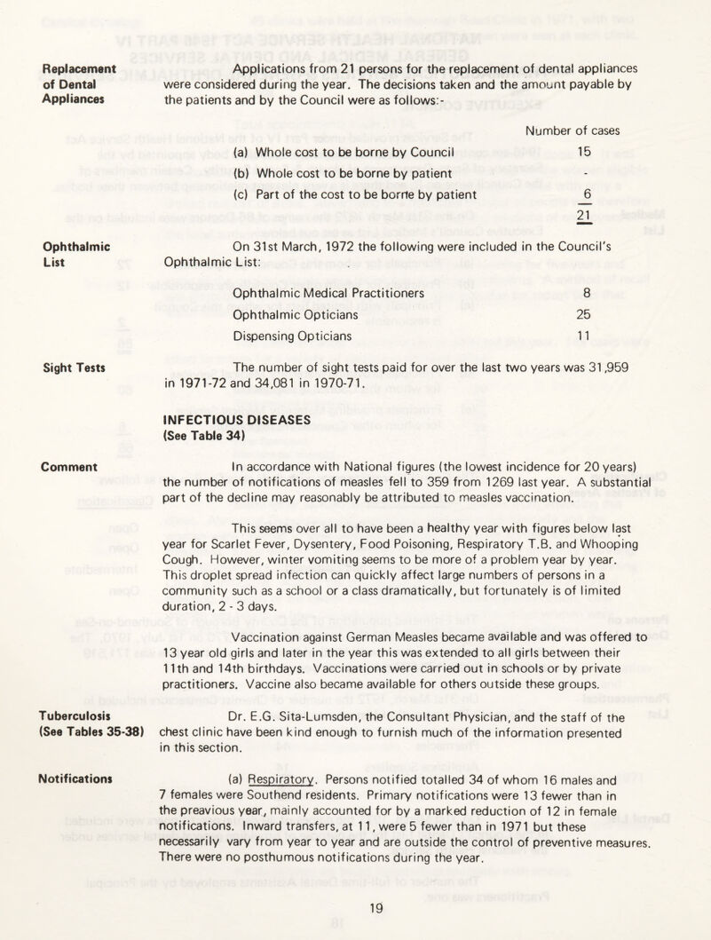 Replacement of Dental Appliances Applications from 21 persons for the replacement of dental appliances were considered during the year. The decisions taken and the amount payable by the patients and by the Council were as follows:- Number of cases (a) Whole cost to be borne by Council 15 (b) Whole cost to be borne by patient (c) Part of the cost to be borrte by patient 6 2i Ophthalmic List On 31st March, 1972 the following were included in the Council's Ophthalmic List: Ophthalmic Medical Practitioners 8 Ophthalmic Opticians 25 Dispensing Opticians 11 Sight Tests The number of sight tests paid for over the last two years was 31,959 In 1971-72 and 34,081 in 1970-71. Comment INFECTIOUS DISEASES (See Table 34) In accordance with National figures (the lowest incidence for 20 years) the number of notifications of measles fell to 359 from 1269 last year. A substantial part of the decline may reasonably be attributed to measles vaccination. This seems over all to have been a healthy year with figures below last year for Scarlet Fever, Dysentery, Food Poisoning, Respiratory T.B. and Whooping Cough. Flowever, winter vomiting seems to be more of a problem year by year. This droplet spread infection can quickly affect large numbers of persons in a community such as a school or a class dramatically, but fortunately is of limited duration, 2 - 3 days. Vaccination against German Measles became available and was offered to 13 year old girls and later in the year this was extended to all girls between their 11th and 14th birthdays. Vaccinations were carried out in schools or by private practitioners. Vaccine also became available for others outside these groups. Tuberculosis (See Tables 35*38) Dr. E.G. Sita-Lumsden, the Consultant Physician, and the staff of the chest clinic have been kind enough to furnish much of the information presented in this section. Notifications (a) Respiratory. Persons notified totalled 34 of whom 16 males and 7 females were Southend residents. Primary notifications were 13 fewer than in the preavious year, mainly accounted for by a marked reduction of 12 in female notifications. Inward transfers, at 11, were 5 fewer than in 1971 but these necessarily vary from year to year and are outside the control of preventive measures. There were no posthumous notifications during the year.