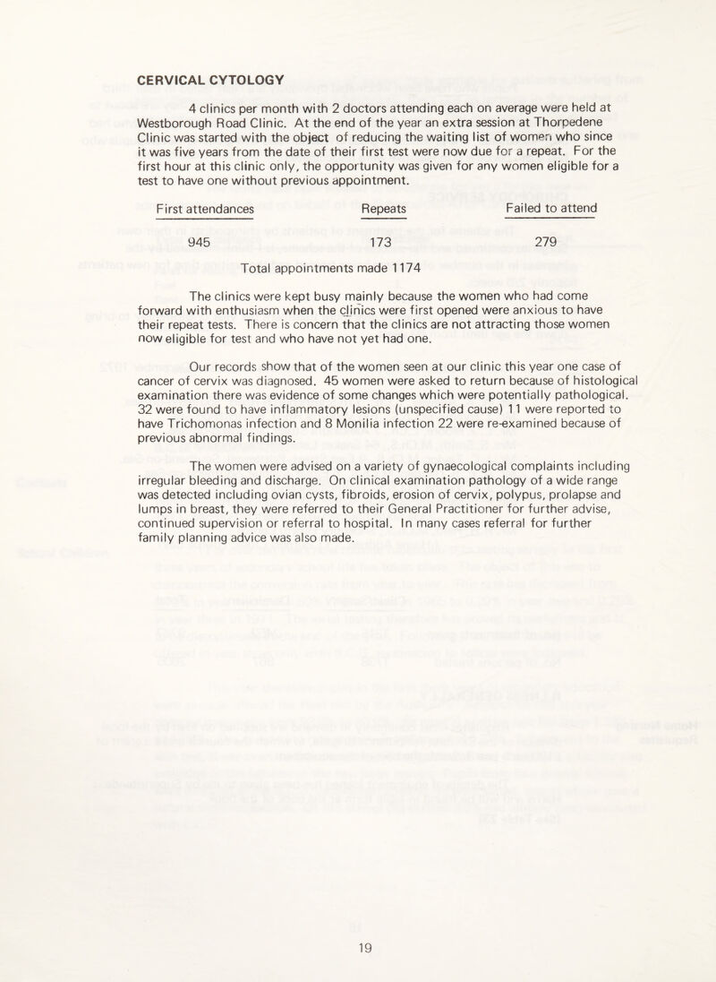 CERVICAL CYTOLOGY 4 clinics per month with 2 doctors attending each on average were held at Westborough Road Clinic. At the end of the year an extra session at Thorpedene Clinic was started with the object of reducing the waiting list of women who since it was five years from the date of their first test were now due for a repeat. For the first hour at this clinic only, the opportunity was given for any women eligible for a test to have one without previous appointment. First attendances Repeats Failed to attend 945 173 279 Total appointments made 1174 The clinics were kept busy mainly because the women who had come forward with enthusiasm when the dinics were first opened were anxious to have their repeat tests. There is concern that the clinics are not attracting those women now eligible for test and who have not yet had one. Our records show that of the women seen at our clinic this year one case of cancer of cervix was diagnosed. 45 women were asked to return because of histological examination there was evidence of some changes which were potentially pathological. 32 were found to have inflammatory lesions (unspecified cause) 11 were reported to have Trichomonas infection and 8 Monilia infection 22 were re-examined because of previous abnormal findings. The women were advised on a variety of gynaecological complaints including irregular bleeding and discharge. On clinical examination pathology of a wide range was detected including ovian cysts, fibroids, erosion of cervix, polypus, prolapse and lumps in breast, they were referred to their General Practitioner for further advise, continued supervision or referral to hospital. In many cases referral for further family planning advice was also made.