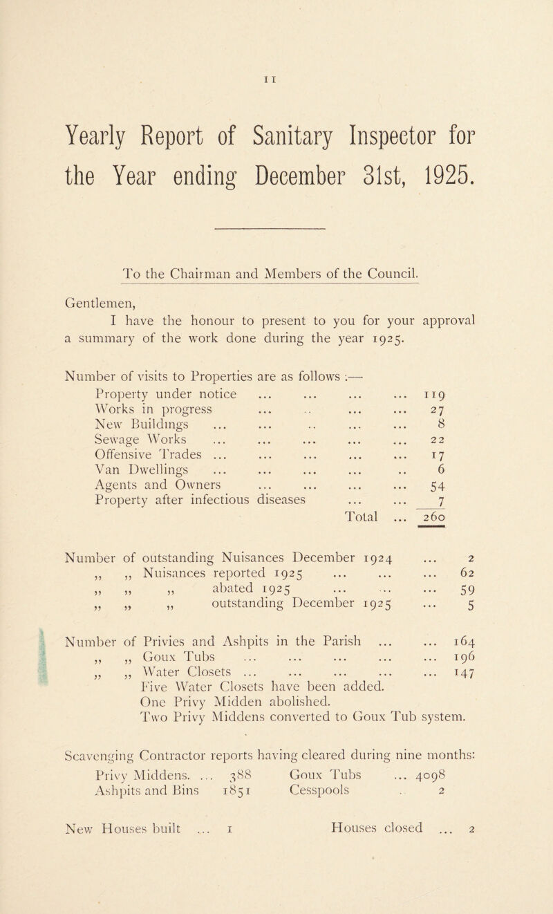 Yearly Report of Sanitary Inspector for the Year ending December 31st, 1925. To the Chairman and Members of the Council. Gentlemen, I have the honour to present to you for your approval a summary of the work done during the year 1925. Number of visits to Properties are as follows :— Property under notice ... ... ... ... 119 Works in progress ... .. ... ... 27 New Buildings ... ... .. ... ... 8 Sewage Works ... ... ... ... ... 22 Offensive Trades ... ... ... ... ... 17 Van Dwellings ... ... ... ... .. 6 Agents and Owners ... ... ... ... 54 Property after infectious diseases ... ... 7 Total ... 260 Number of outstanding Nuisances December 1924 ... 2 ,, ,, Nuisances reported 1925 ... ... ... 62 „ „ „ abated 1925 . 59 ,, ,, ,, outstanding December 1925 ... 5 Number of Privies and Ashpits in the Parish ... ... 164 ,, ,, Goux Tubs ... ... ... ... ... 196 „ ,, Water Closets ... ... ... ... ... 147 Five Water Closets have been added. One Privy Midden abolished. Two Privy Middens converted to Goux Tub system. Scavenging Contractor reports having cleared during nine months: Privy Middens. ... 388 Ashpits and Bins 1851 New Houses built ... i Goux Tubs ... 4098 Cesspools . 2 Houses closed ... 2