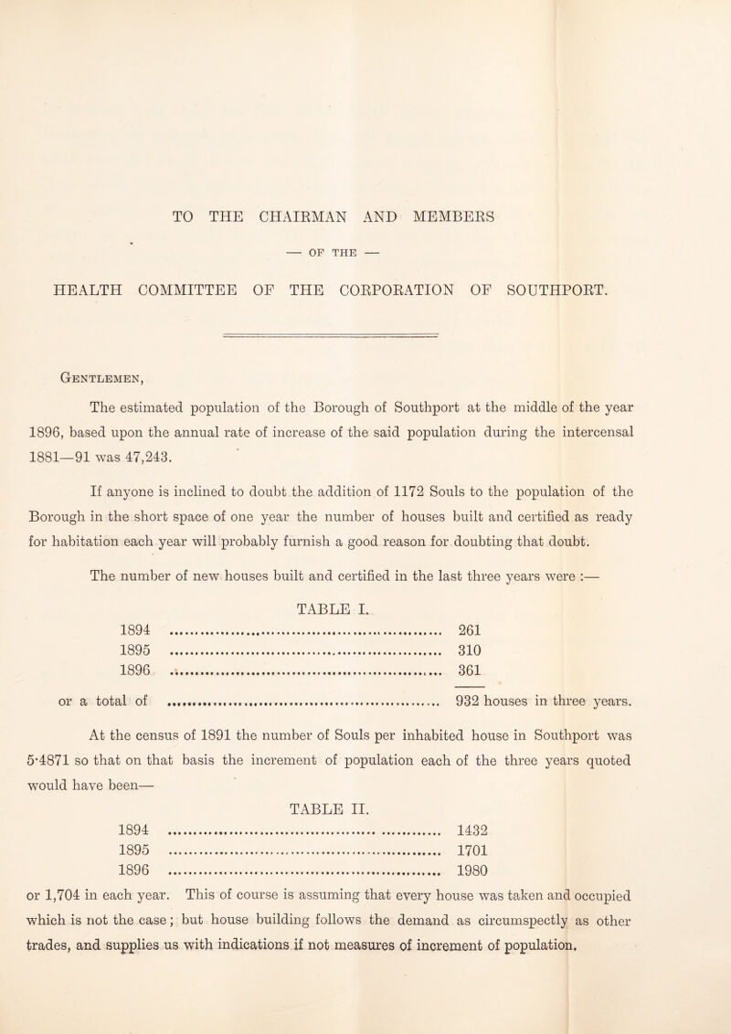 TO THE CHAIRMAN AND MEMBERS - OF THE - HEALTH COMMITTEE OE THE CORPORATION OF SOUTHPORT. Gentlemen, The estimated population of the Borough of Southport at the middle of the year 1896, based upon the annual rate of increase of the said population during the intercensal 1881—91 was 47,243. If anyone is inclined to doubt the addition of 1172 Souls to the population of the Borough in the short space of one year the number of houses built and certified as ready for habitation each year will probably furnish a good reason for doubting that doubt. The number of new houses built and certified in the last three years were :— TABLE I. 1894 261 1895 310 1896 361 or a total of . 932 houses in three years. At the census of 1891 the number of Souls per inhabited house in Southport was 5*4871 so that on that basis the increment of population each of the three years quoted would have been— TABLE II. 1894 1432 1895 1701 1896 1980 or 1,704 in each year. This of course is assuming that every house was taken and occupied which is not the case; but house building follows the demand as circumspectly as other trades, and supplies us with indications if not measures of increment of population.