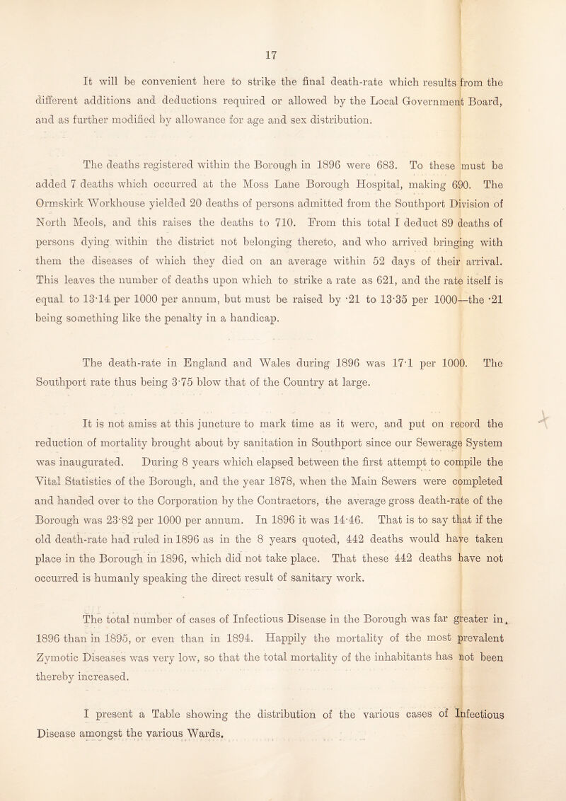 It will be convenient here to strike the final death-rate which results from, the different additions and deductions required or allowed by the Local Government Board, and as further modified by allowance for age and sex distribution. The deaths registered within the Borough in 1896 were 683. To these must be added 7 deaths which occurred at the Moss Lane Borough Hospital, making 690. The Ormskirk Workhouse yielded 20 deaths of persons admitted from the Southport Division of .North Meols, and this raises the deaths to 710. From this total I deduct 89 deaths of persons dying within the district not belonging thereto, and who arrived bringing with them the diseases of which they died on an average within 52 days of their arrival. This leaves the number of deaths upon which to strike a rate as 621, and the rate itself is equal to 13-14 per 1000 per annum, but must be raised by -21 to 13-35 per 1000—the ’21 being something like the penalty in a handicap. The death-rate in England and Wales during 1896 was 17'1 per 1000. The Southport rate thus being 3’75 blow that of the Country at large. It is not amiss at this juncture to mark time as it were, and put on record the reduction of mortality brought about by sanitation in Southport since our Sewerage System was inaugurated. During 8 years which elapsed between the first attempt to compile the . , O 3 . f ' Vital Statistics of the Borough, and the year 1878, when the Main Sewers were completed and handed over to the Corporation by the Contractors, the average gross death-rate of the Borough was 23-82 per 1000 per annum. In 1896 it was 14-46. That is to say that if the old death-rate had ruled in 1896 as in the 8 years quoted, 442 deaths would have taken place in the Borough in 1896, which did not take place. That these 442 deaths have not occurred is humanly speaking the direct result of sanitary work. The total number of cases of Infectious Disease in the Borough was far greater in, 1896 than in 1895, or even than in 1894. Happily the mortality of the most prevalent Zymotic Diseases was very low, so that the total mortality of the inhabitants has not been thereby increased. I present a Table showing the distribution of the various cases of Infectious Disease amongst the various Wards,