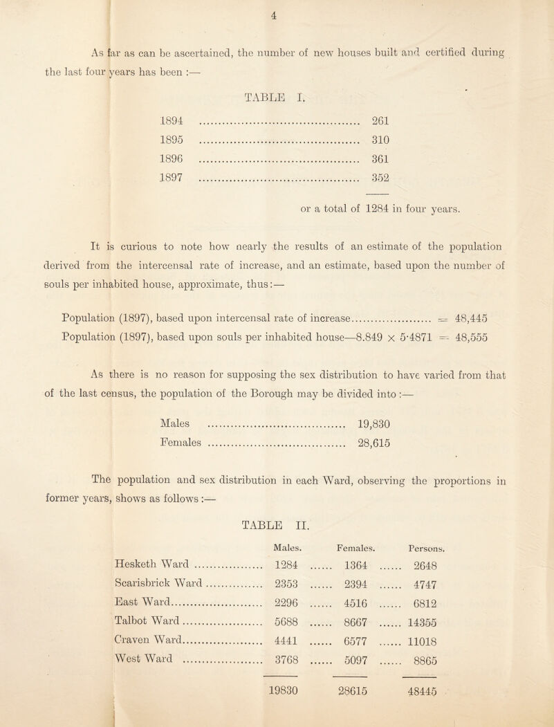 As far as can be ascertained, the number of new houses built and certified during the last four years has been :—- TABLE I. 1894 1895 1896 1897 261 310 361 352 or a total of 1284 in four years. It is curious to note how nearly the results of an estimate of the population derived from the intercensal rate of increase, and an estimate, based upon the number of souls per inhabited house, approximate, thus: — Population (1897), based upon intercensal rate of increase. = 48,445 Population (1897), based upon souls per inhabited house—8.849 X 5’4871 = 48,555 As there is no reason for supposing the sex distribution to have varied from that of the last census, the population of the Borough may be divided into :— Males ... 19,830 Females . 28,615 The population and sex distribution in each Ward, observing the proportions in former years, shows as follows :— TABLE II. Males. Females. Persons. Hesketh Ward . ....... 1284 ... .... 1364 ... ... 2648 Scarisbrick Ward. . 2353 ... .... 2394 ... ... 4747 East Ward. . 2296 ... .... 4516 ... ... 6812 Talbot Ward. . 5688 ... .... 8667 ... ... 14355 Craven Ward. . 4441 ... .... 6577 ... ... 11018 West Ward . . 3768 ... .... 5097 ... ... 8865 19830 28615 48445