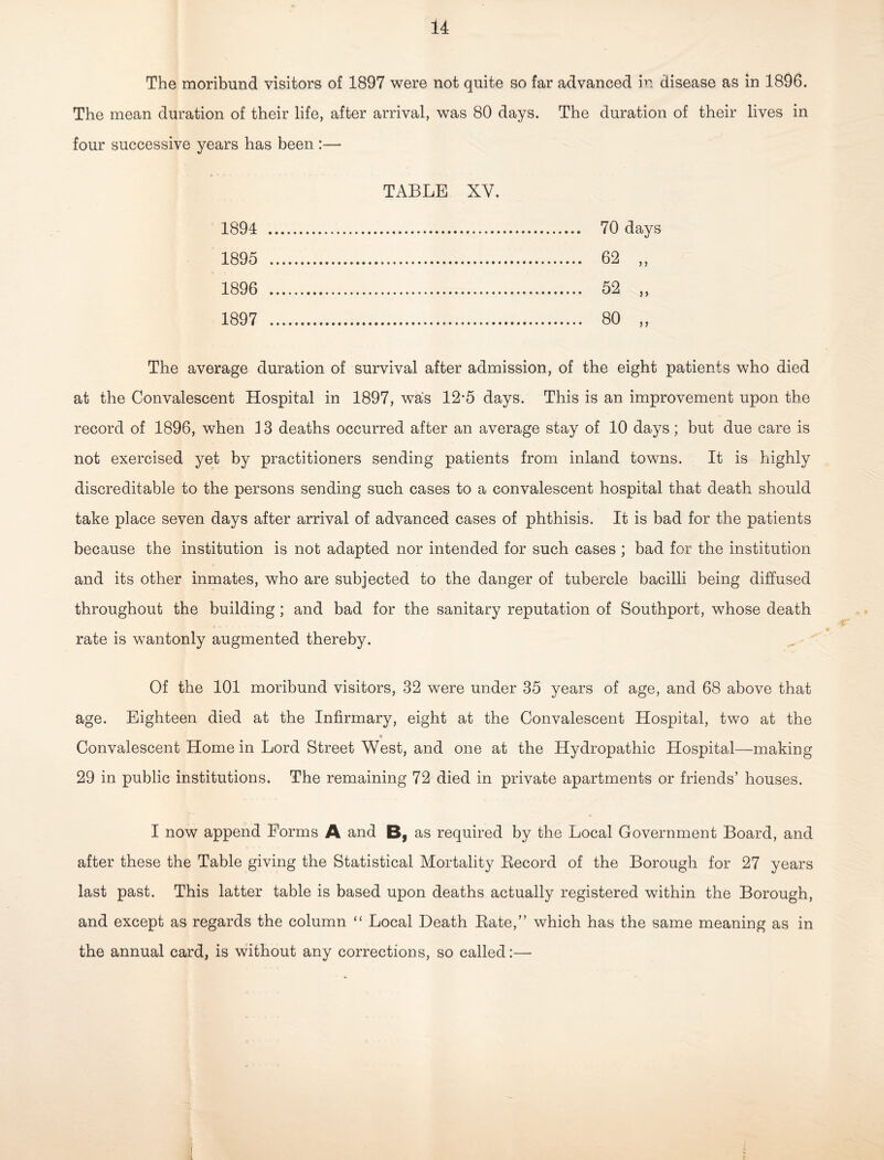 The moribund visitors of 1897 were not quite so far advanced in disease as in 1896. The mean duration of their life, after arrival, was 80 days. The duration of their lives in four successive years has been :— TABLE XV. 1894 . 70 days 1895 . 62 „ 1896 . 52 „ 1897 . 80 „ The average duration of survival after admission, of the eight patients who died at the Convalescent Hospital in 1897, was 12-5 days. This is an improvement upon the record of 1896, when f 3 deaths occurred after an average stay of 10 days; but due care is not exercised yet by practitioners sending patients from inland towns. It is highly discreditable to the persons sending such cases to a convalescent hospital that death should take place seven days after arrival of advanced cases of phthisis. It is bad for the patients because the institution is not adapted nor intended for such cases ; bad for the institution and its other inmates, who are subjected to the danger of tubercle bacilli being diffused throughout the building ; and bad for the sanitary reputation of Southport, whose death rate is wantonly augmented thereby. Of the 101 moribund visitors, 32 were under 35 years of age, and 68 above that age. Eighteen died at the Infirmary, eight at the Convalescent Hospital, two at the <3 Convalescent Home in Lord Street West, and one at the Hydropathic Hospital—making 29 in public institutions. The remaining 72 died in private apartments or friends’ houses. I now append Forms A and B, as required by the Local Government Board, and after these the Table giving the Statistical Mortality Record of the Borough for 27 years last past. This latter table is based upon deaths actually registered within the Borough, and except as regards the column “ Local Death Rate,” which has the same meaning as in the annual card, is without any corrections, so called:—