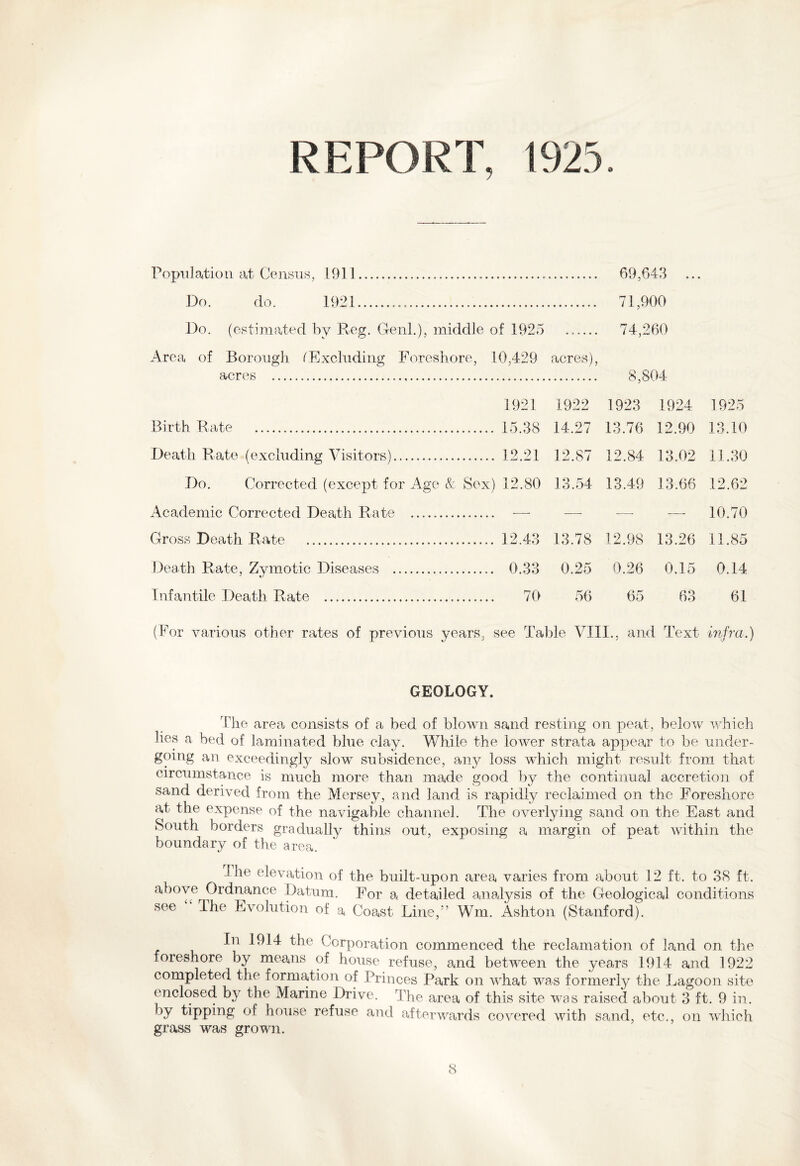 REPORT, 1925 Population at Census, 1911..... 69,643 Do. do. 1921... 71,900 l)o. (estimated by Reg. Genl.), middle of 1925 . 74,260 Area of Borough (Excluding Foreshore, 10,429 acres), acres ... 8,804 Birth Rate . 1921 15.38 1922 14.27 1923 13.76 1924 12.90 1925 13.10 Death Rate (excluding Visitors). 12.21 12.87 12.84 13.02 11.30 Do. Corrected (except for Age & Sex) 12,80 13.54 13.49 13.66 12.62 Academic Corrected Death Rate . — — ■—• — 10.70 Gross Death Rate . 12.43 13.78 12.98 13.26 11.85 Death Rate, Zymotic Diseases .. 0.33 0.25 0.26 0.15 0.14 Infantile Death Rate ... 70 56 65 63 61 (For various other rates of previous years, see Table VIII., and Text infra.) GEOLOGY. The area consists of a bed of blown sand resting on peat, below which lies a bed of laminated blue clay. While the lower strata appear to be under¬ going an exceedingly slow subsidence, any loss which might result from that circumstance is much more than made good by the continual accretion of sand derived from the Mersey, and land is rapidly reclaimed on the Foreshore at the expense of the navigable channel. The overlying sand on the East and South borders gradually thins out, exposing a margin of peat within the boundary of the area. Ihe elevation of the built-upon area varies from about 12 ft. to 38 ft. above Ordnance Datum. For a detailed analysis of the Geological conditions see Ihe Evolution of a Coast Line,” Wm. Ashton (Stanford). In 1914 the Corporation commenced the reclamation of land on the foreshore by means of house refuse, and between the years 1914 and 1922 completed the formation of Princes Park on what was formerly the Lagoon site enclosed by the Marine Drive. The area of this site was raised about 3 ft. 9 in. by tipping of house refuse and afterwards covered with sand, etc., on which grass was grown.