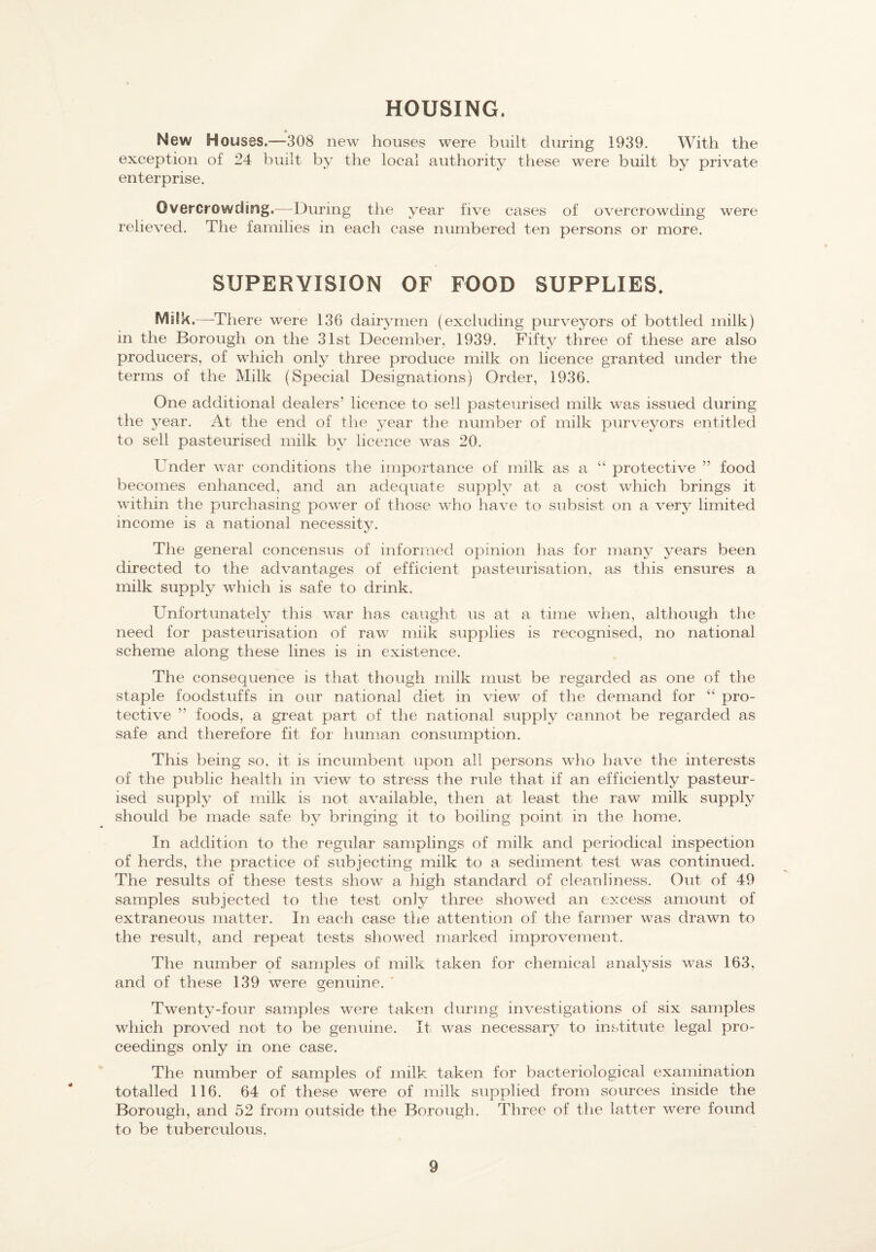 HOUSING. New Houses.—308 new houses were built during 1939. With the exception of 24 built by the local authority these were built by private enterprise. Overcrowding.—During the year five cases of overcrowding were relieved. The families in each case numbered ten persons or more. SUPERVISION OF FOOD SUPPLIES. MiJk.—-There were 136 dairymen (excluding purveyors of bottled milk) in the Borough on the 31st December, 1939. Fifty three of these are also producers, of which only three produce milk on licence granted under the terms of the Milk (Special Designations) Order, 1936. One additional dealers’ licence to sell pasteurised milk was issued during the year. At the end of the year the number of milk purveyors entitled to sell pasteurised milk by licence was 20. Under war conditions the importance of milk as a “ protective ” food becomes enhanced, and an adequate supply at a cost which brings it within the purchasing power of those who have to subsist on a very limited income is a national necessity. The general concensus of informed opinion has for many years been directed to the advantages of efficient pasteurisation, as this ensures a milk supply which is safe to drink. Unfortunately this war has caught us at a time when, although the need for pasteurisation of raw miik supplies is recognised, no national scheme along these lines is in existence. The consequence is that though milk must be regarded as one of the staple foodstuffs in our national diet in view of the demand for “ pro¬ tective ” foods, a great part of the national supply cannot be regarded as safe and therefore fit for human consumption. This being so, it is incumbent upon all persons who have the interests of the public health in view to stress the rule that if an efficiently pasteur¬ ised supply of milk is not available, then at least the raw milk supply should be made safe by bringing it to boiling point in the home. In addition to the regular samplings of milk and periodical inspection of herds, the practice of subjecting milk to a sediment test was continued. The results of these tests show a high standard of cleanliness. Out of 49 samples subjected to the test only three showed an excess amount of extraneous matter. In each case the attention of the farmer was drawn to the result, and repeat tests showed marked improvement. The number of samples of milk taken for chemical analysis was 163, and of these 139 were genuine. ' Twenty-four samples were takem during investigations of six samples which proved not to be genuine. It was necessary to institute legal pro¬ ceedings only in one case. The number of samples of milk taken for bacteriological examination totalled 116. 64 of these were of milk supplied from sources inside the Borough, and 52 from outside the Borough. Three of the latter were found to be tuberculous.