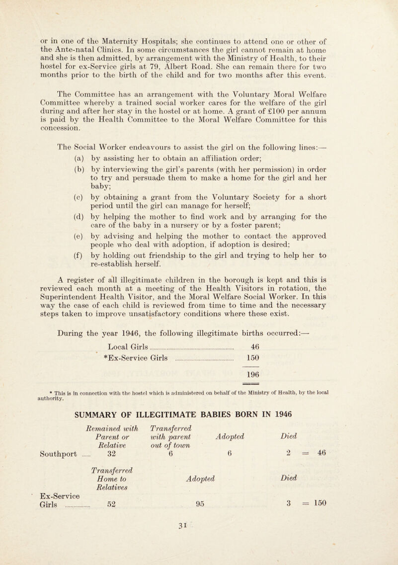 or in one of the Maternity Hospitals; she continues to attend one or other of the Ante-natal Clinics. In some circumstances the girl cannot remain at home and she is then admitted, by arrangement with the Ministry of Health, to their hostel for ex-Service girls at 79, Albert Road. She can remain there for two months prior to the birth of the child and for two months after this event. The Committee has an arrangement with the Voluntary Moral Welfare Committee whereby a trained social worker cares for the welfare of the girl during and after her stay in the hostel or at home. A grant of £100 per annum is paid by the Health Committee to the Moral Welfare Committee for this concession. The Social Worker endeavours to assist the girl on the following lines:— (a) by assisting her to obtain an affiliation order; (b) by interviewing the girl’s parents (with her permission) in order to try and persuade them to make a home for the girl and her baby; (c) by obtaining a grant from the Voluntary Society for a short period until the girl can manage for herself; (d) by helping the mother to find work and by arranging for the care of the baby in a nursery or by a foster parent; (e) by advising and helping the mother to contact the approved people who deal with adoption, if adoption is desired; (f) by holding out friendship to the girl and trying to help her to re-establish herself. A register of all illegitimate children in the borough is kept and this is reviewed each month at a meeting of the Health Visitors in rotation, the Superintendent Health Visitor, and the Moral Welfare Social Worker. In this way the case of each child is reviewed from time to time and the necessary steps taken to improve unsatisfactory conditions where these exist. During the year 1946, the following illegitimate births occurred:— Local Girls. 46 *Ex-Service Girls .. 150 196 * This is in connection with the hostel which is administered on behalf of the Ministry of Health, by the local authority. SUMMARY OF ILLEGITIMATE BABIES BORN IN 1946 Remained with Parent or Relative Southport . 32 Transferred with parent out of town 6 Adopted 6 Ex-Service Girls . Transferred Home to Relatives 52 Adopted Died 2 = Died 46 95 3 150