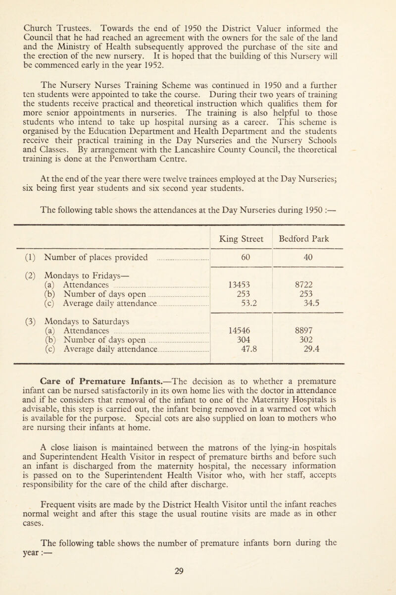Church Trustees. Towards the end of 1950 the District Valuer informed the Council that he had reached an agreement with the owners for the sale of the land and the Ministry of Health subsequently approved the purchase of the site and the erection of the new nursery. It is hoped that the building of this Nursery will be commenced early in the year 1952, The Nursery Nurses Training Scheme was continued in 1950 and a further ten students were appointed to take the course. During their two years of training the students receive practical and theoretical instruction which qualifies them for more senior appointments in nurseries. The training is also helpful to those students who intend to take up hospital nursing as a career. This scheme is organised by the Education Department and Health Department and the students receive their practical training in the Day Nurseries and the Nursery Schools and Classes. By arrangement with the Lancashire County Council, the theoretical training is done at the Penwortham Centre. At the end of the year there were twelve trainees employed at the Day Nurseries; six being first year students and six second year students. The following table shows the attendances at the Day Nurseries during 1950 King Street Bedford Park (1) Number of places provided . 60 40 (2) Mondays to Fridays— (a) Attendances ... (b) Number of days open. (c) Average daily attendance. (3) Mondays to Saturdays (a) Attendances . 13453 253 53.2 8722 253 34.5 14546 304 47.8 8897 302 29.4 (b) Number of days open. (c) Average daily attendance. Care of Premature Infants.—The decision as to whether a premature infant can be nursed satisfactorily in its own home lies with the doctor in attendance and if he considers that removal of the infant to one of the Maternity Hospitals is advisable, this step is carried out, the infant being removed in a warmed cot which is available for the purpose. Special cots are also supplied on loan to mothers who are nursing their infants at home. A close liaison is maintained between the matrons of the lying-in hospitals and Superintendent Health Visitor in respect of premature births and before such an infant is discharged from the maternity hospital, the necessary information is passed on to the Superintendent Health Visitor who, with her stalf, accepts responsibility for the care of the child after discharge. Frequent visits are made by the District Health Visitor until the infant reaches normal weight and after this stage the usual routine visits are made as in other cases. The following table shows the number of premature infants born during the year:—