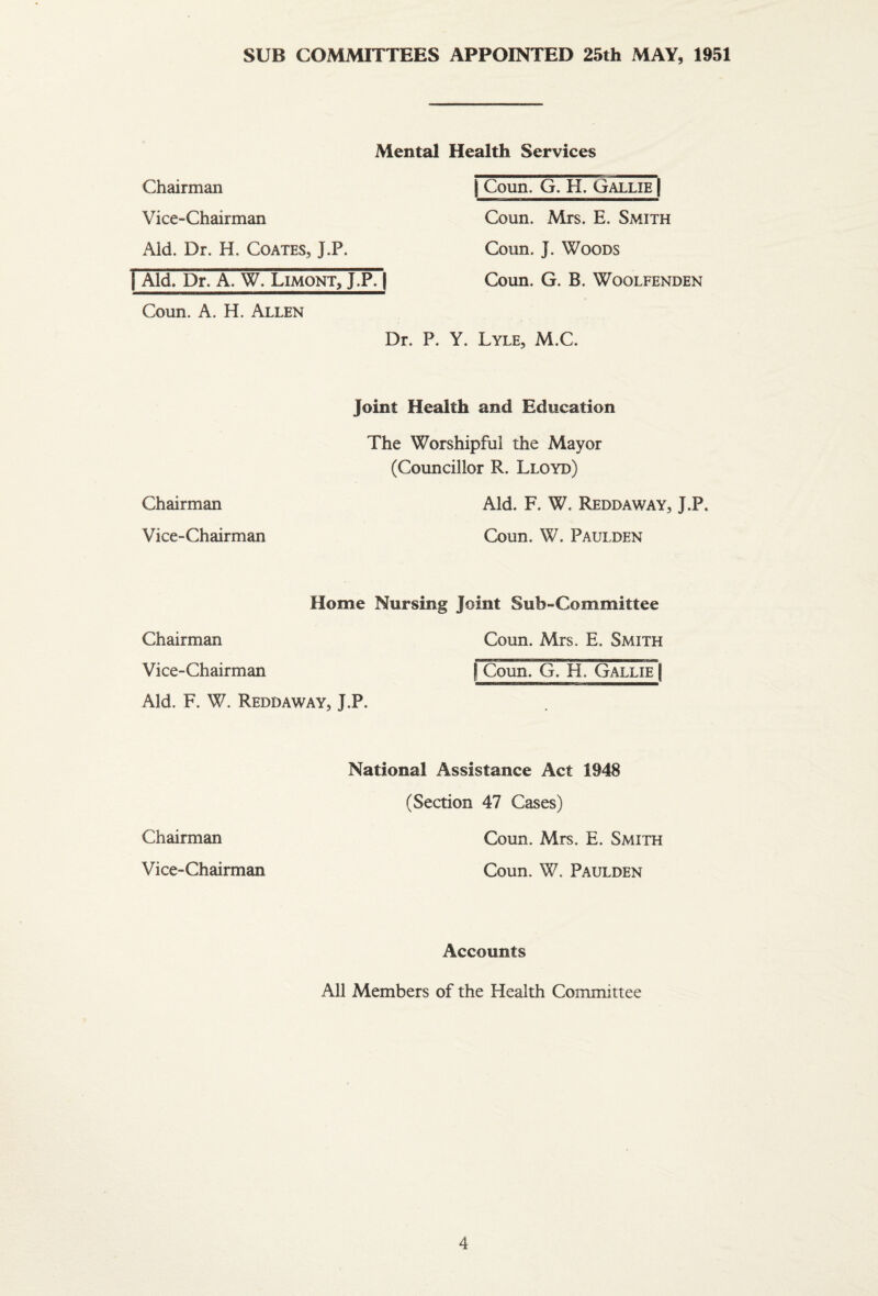 SUB COMMITTEES APPOINTED 25th MAY, 1951 Mental Health Services Chairman Vice-Chairman Aid. Dr. H. Coates, J.P. I Aid. Dr. A. W. Limont, J.P. | Coun. A. H. Allen I Coun. G. H. Gallie [ Coun. Mrs. E. Smith Coun. J. Woods Coun. G. B. WOOLFENDEN Dr. P. Y. Lyle, M.C. Joint Health and Education The Worshipful the Mayor (Councillor R. Lloyd) Chairman Aid. F. W. Reddaway, J.P. Vice-Chairman Coun. W. Paulden Home Nursing Joint Sub-Committee Chairman Coun. Mrs. E. Smith Vice-Chairman j Coun. G. H. Gallie | Aid. F. W. Reddaway, J.P. National Assistance Act 1948 (Section 47 Cases) Chairman Coun. Mrs. E. Smith Vice-Chairman Coun. W. Paulden Accounts All Members of the Health Committee