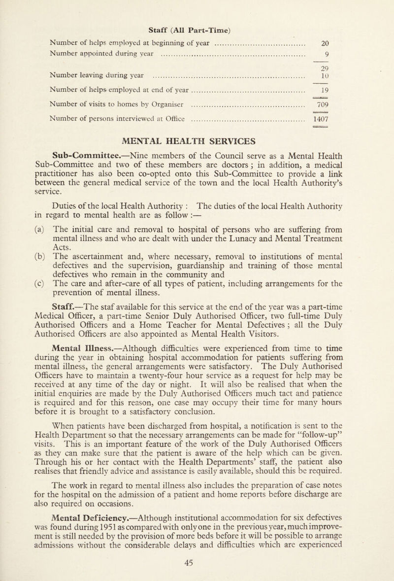 Staff (All Part-Time) Number of helps employed at beginning of year ... 20 Number appointed during year ... 9 29 Number leaving during year . lU Number of helps employed at end of year. 19 Number of visits to homes by Organiser . 709 Number of persons interviewed at Office . 1407 MENTAL HEALTH SERVICES Sub-Committee.—Nine members of the Council serve as a Mental Health Sub-Committee and two of these members are doctors; in addition, a medical practitioner has also been co-opted onto this Sub-Committee to provide a link between the general medical service of the town and the local Health Authority’s service. Duties of the local Health Authority : The duties of the local Health Authority in regard to mental health are as follow :— (a) The initial care and removal to hospital of persons who are suffering from mental illness and who are dealt with under the Lunacy and Mental Treatment Acts. (b) The ascertainment and, where necessary, removal to institutions of mental defectives and the supervision, guardianship and training of those mental defectives who remain in the community and (c) The care and after-care of all types of patient, including arrangements for the prevention of mental illness. Staff.—-The staf available for this service at the end of the year was a part-time Medical Officer, a part-time Senior Duly Authorised Officer, two full-time Duly Authorised Officers and a Home Teacher for Mental Defectives ; all the Duly Authorised Officers are also appointed as Mental Health Visitors. Mental Illness.^—Although difficulties were experienced from tim*e to time during the year in obtaining hospital accommodation for patients suffering from mental illness, the general arrangements were satisfactory. The Duly Authorised Officers have to miaintain a twenty-four hour service as a request for help may be received at any time of the day or night. It will also be realised that when the initial enquiries are made by the Duly Authorised Officers much tact and patience is required and for this reason, one case may occupy their time for many hours before it is brought to a satisfactory conclusion. When patients have been discharged from hospital, a notification is sent to the Health Department so that the necessary arrangements can be made for “follow-up” visits. This is an important feature of the work of the Duly Authorised Officers as they can make sure that the patient is aware of the help which can be given. Through his or her contact with the Health Departments’ staff, the patient also realises that friendly advice and assistance is easily available, should this be required. The work in regard to mental illness also includes the preparation of case notes for the hospital on the admission of a patient and home reports before discharge are also required on occasions. Mental Deficiency.—Although institutional accommodation for six defectives was found during 1951 as compared with only one in the previous year, much improve¬ ment is still needed by the provision of more beds before it will be possible to arrange admissions without the considerable delays and difficulties which are experienced