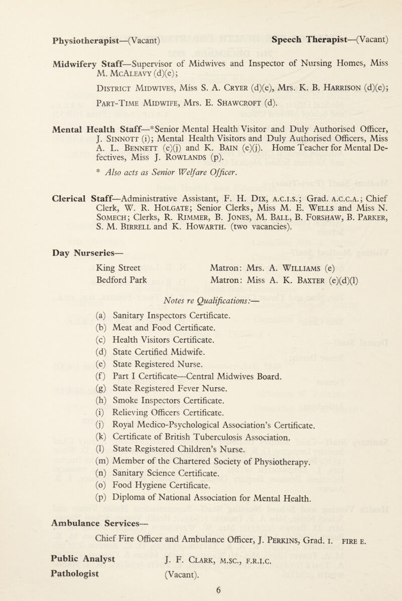 Physiotherapist—(Vacant) Speech Therapist—(Vacant) Midwifery Staff—Supervisor of Midwives and Inspector of Nursing Homes, Miss M. McAleavy (d)(e); District Midwives, Miss S. A. Cryer (d)(e), Mrs. K. B. Harrison (d)(e); Part-Time Midwife, Mrs. E. Shawcroft (d). Mental Health Staff—* Senior Mental Health Visitor and Duly Authorised Officer, J. Sinnott (i); Mental Health Visitors and Duly Authorised Officers, Miss A. L. Bennett (e)(j) and K. Bain (e)(j). Home Teacher for Mental De¬ fectives, Miss J. Rowlands (p). * Also acts as Senior Welfare Officer. Clerical Staff—Administrative Assistant, F. H. Dix, a.c.i.s.; Grad, a.c.c.a.; Chief Clerk, W. R. Holgate; Senior Clerks, Miss M. E. Wells and Miss N. Somech; Clerks, R. Rimmer, B. Jones, M. Ball, B. Forshaw, B. Parker, S. M. Birrell and K. Howarth. (two vacancies). Day Nurseries— King Street Matron: Mrs. A. Williams (e) Bedford Park Matron: Miss A. K. Baxter (e)(d)(l) Notes re Qualifications:— (a) Sanitary Inspectors Certificate. (b) Meat and Food Certificate. (c) Health Visitors Certificate. (d) State Certified Midwife. (e) State Registered Nurse. (f) Part I Certificate—Central Midwives Board. (g) State Registered Fever Nurse. (h) Smoke Inspectors Certificate. (i) Relieving Officers Certificate. (j) Royal Medico-Psychological Association’s Certificate. (k) Certificate of British Tuberculosis Association. (l) State Registered Children’s Nurse. (m) Member of the Chartered Society of Physiotherapy. (n) Sanitary Science Certificate. (o) Food Hygiene Certificate. (p) Diploma of National Association for Mental Health. Ambulance Services— Chief Fire Officer and Ambulance Officer, J. Perkins, Grad. i. fire e. Public Analyst J. F. Clark, m.sc.? f.r.i.c, Pathologist (Vacant).