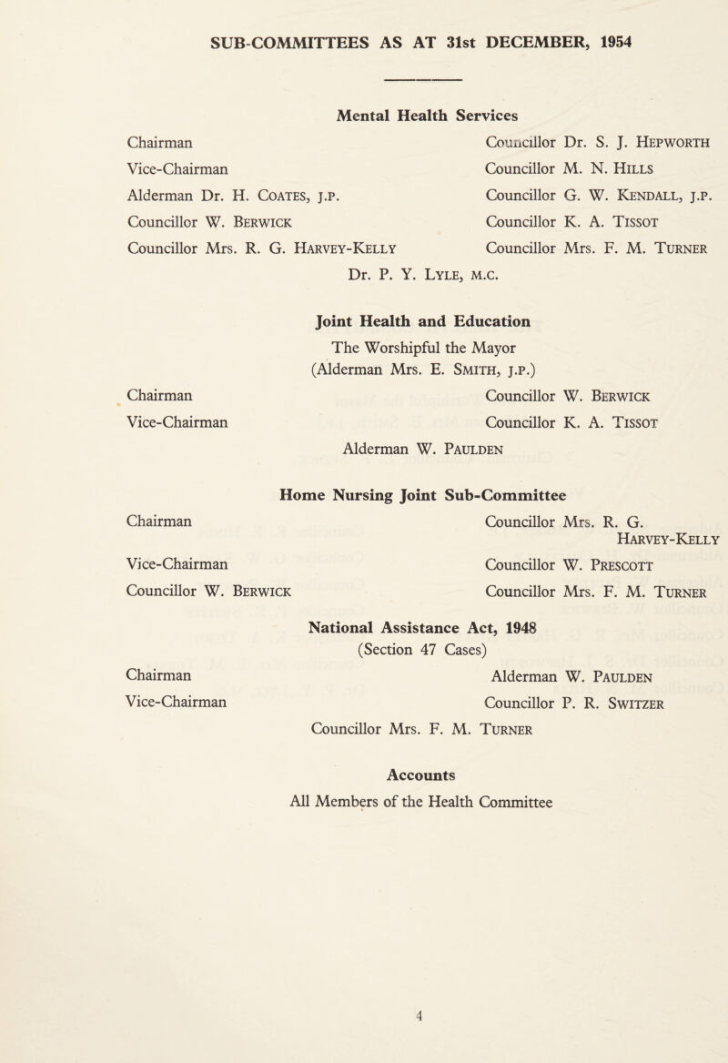 SUB COMMITTEES AS AT 31st DECEMBER, 1954 Chairman Mental Health Services Councillor Dr. S. J. Hep worth Vice-Chairman Councillor M. N. Hills Alderman Dr. H. Coates, j.p. Councillor G. W. Kendall, j.p. Councillor W. Berwick Councillor K. A. Tissot Councillor Mrs. R. G. Harvey-Kelly Councillor Mrs. F. M. Turner Dr. P. Y. Lyle, m.c. Chairman Joint Health and Education The Worshipful the Mayor (Alderman Mrs. E. Smith, j.p.) Councillor W. Berwick Vice-Chairman Councillor K. A. Tissot Alderman W. Paulden Chairman Home Nursing Joint Sub-Committee Councillor Mrs. R. G. Harvey-Kelly Vice-Chairman Councillor W. Prescott Councillor W. Berwick Councillor Mrs. F. M. Turner Chairman National Assistance Act, 1948 (Section 47 Cases) Alderman W. Paulden Vice-Chairman Councillor P. R. Switzer Councillor Mrs. F. M. Turner Accounts All Members of the Health Committee «
