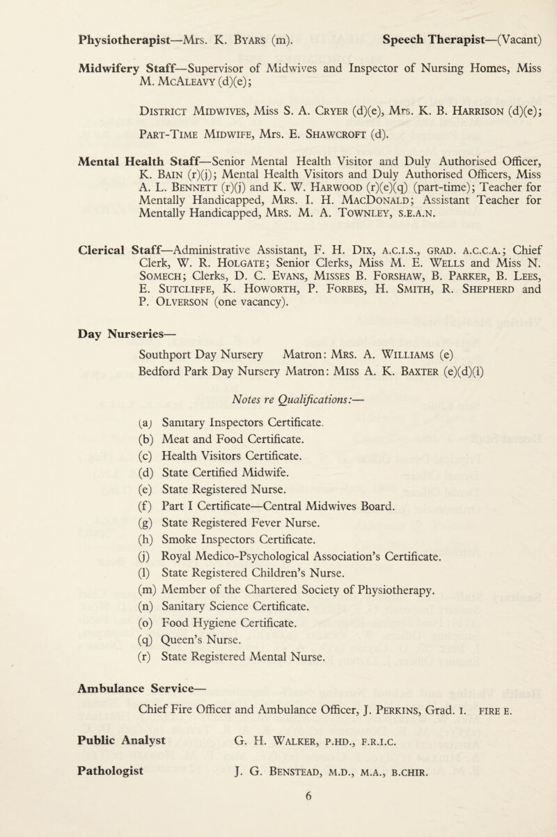 Physiotherapist—Mrs. K. Byars (m). Speech Therapist—(Vacant) Midwifery Staff—Supervisor of Midwives and Inspector of Nursing Homes, Miss M. McAleavy (d)(e); District Midwives, Miss S. A. Cryer (d)(e), Mrs. K. B. Harrison (d)(e); Part-Time Midwife, Mrs. E. Shawcroft (d). Mental Health Staff—Senior /vlental Health Visitor and Duly Authorised Officer, K. Bain (r)(j); Mental Health Visitors and Duly Authorised Officers, Miss A. L. Bennett (r)(j) and K. W. Harwood (r)(e)(q) (part-time); Teacher for Mentally Handicapped, Mrs. I. H. MacDonald; Assistant Teacher for Mentally Handicapped, Mrs. M. A. Townley, s.e.a.n. Clerical Staff—Administrative Assistant, F. H. Dix, A.c.i.s., grad, a.c.c.a.; Chief Clerk, W. R. Holgate; Senior Clerks, Miss M. E. Wells and Miss N. Somech; Clerks, D. C. Evans, Misses B. Forshaw, B. Parker, B. Lees, E. Sutcliffe, K. Howorth, P. Forbes, H. Smith, R. Shepherd and P. Olverson (one vacancy). Day Nurseries— Southport Day Nursery Matron: Mrs. A. Williams (e) Bedford Park Day Nursery Matron: Miss A. K. Baxter (e)(d)(i) Notes re Qualifications:— Caj Sanitary Inspectors Certificate. (b) Meat and Food Certificate. (c) Health Visitors Certificate. (d) State Certified Midwife. (e) State Registered Nurse. (f) Part I Certificate—Central Midwives Board. (g) State Registered Fever Nurse. (h) Smoke Inspectors Certificate. (j) Royal Medico-Psychological Association’s Certificate. (l) State Registered Children’s Nurse. (m) Member of the Chartered Society of Physiotherapy. (n) Sanitary Science Certificate. (o) Food Hygiene Certificate. (q) Queen’s Nurse. (r) State Registered Mental Nurse. Ambulance Service— Chief Fire Officer and Ambulance Officer, J. Perkins, Grad. i. fire e. Public Analyst G. H. Walker, p.hd., f.r.i.c. Pathologist J. G. Benstead, m.d., m.a., b.chir.