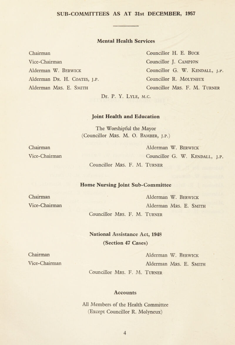 SUB-COMMITTEES AS AT 31st DECEMBER, 1957 Mental Health Services Chairman Councillor H. E. Buck Vice-Chairman Councillor J. Campion Alderman W. Berwick Councillor G. W. Kendall, j.r. Alderman Dr. H. Coates, j.p. Councillor R. Molyneux Alderman Mrs. E. Smith Councillor Mrs. F. M. Turner Dr. P. Y. Lyle, m.c. Joint Health and Education The Worshipful the Mayor (Councillor Mrs. M. 0. Bamber, j.p.) Chairman Alderman W. Berwick Vice-Chairman Councillor G. W. Kendall, j.p. Councillor Mrs. F. M. Turner Chairman Home Nursing Joint Sub-Committee Alderman W. Berwick Vice-Chairman Alderman Mrs. E. Smith Councillor Mrs. F. M. Turner Chairman National Assistance Act, 1948 (Section 47 Cases) Alderman W. Berwick Vice-Chairman Alderman Mrs. E. Smith Councillor Mrs. F. M. Turner Accounts All Members of the Health Committee (Except Councillor R. Molyneux)