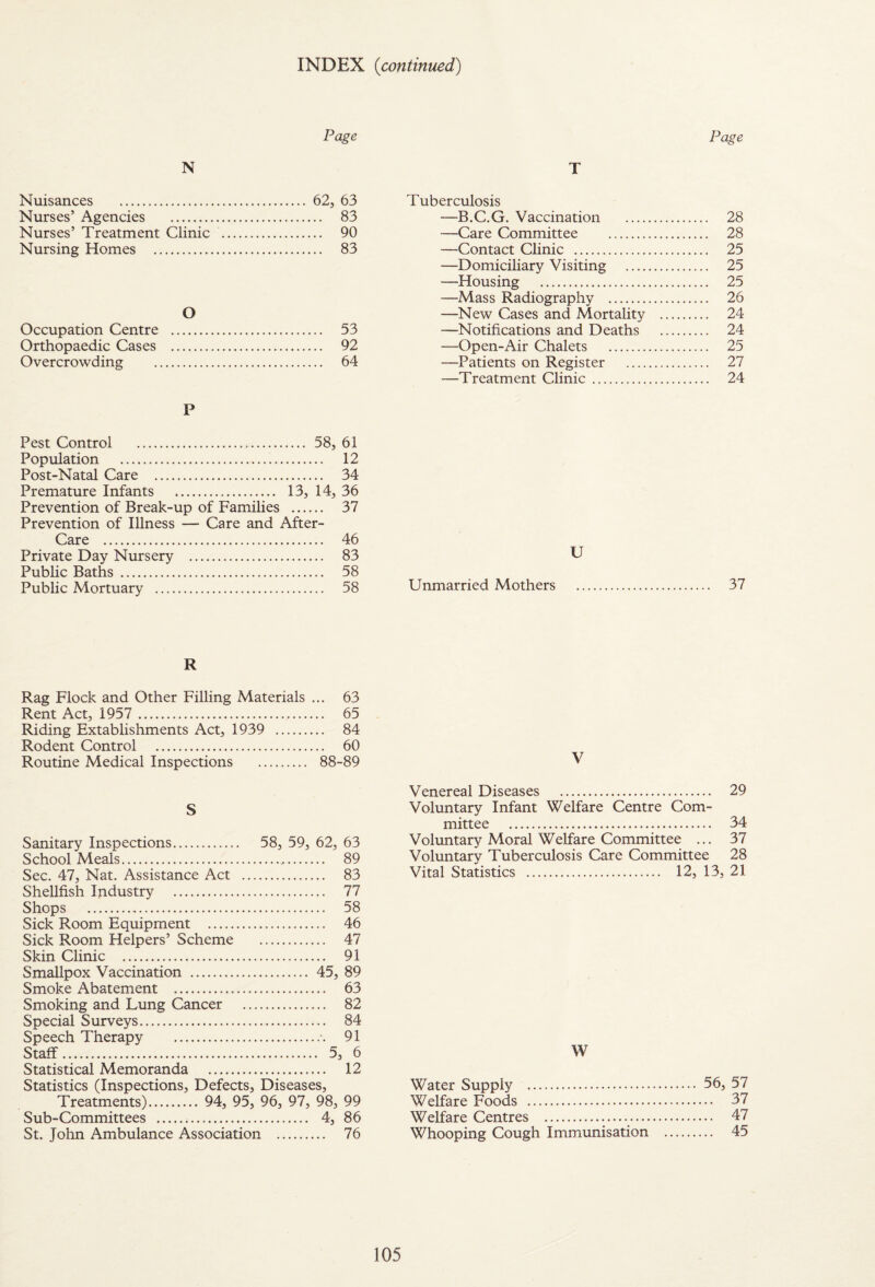 INDEX {continued) Page N Nuisances . 62, 63 Nurses’ Agencies . 83 Nurses’ Treatment Clinic . 90 Nursing Homes . 83 O Occupation Centre . 53 Orthopaedic Cases . 92 Overcrowding . 64 P Pest Control . 58, 61 Population . 12 Post-Natal Care . 34 Premature Infants . 13, 14, 36 Prevention of Break-up of Families . 37 Prevention of Illness — Care and After- Care . 46 Private Day Nursery . 83 Public Baths. 58 Public Mortuary . 58 R Rag Flock and Other Filling Materials ... 63 Rent Act, 1957 . 65 Riding Extablishments Act, 1939 . 84 Rodent Control . 60 Routine Medical Inspections . 88-89 S Sanitary Inspections. 58, 59, 62, 63 School Meals. 89 Sec. 47, Nat. Assistance Act . 83 Shellfish Industry . 77 Shops . 58 Sick Room Equipment . 46 Sick Room Helpers’ Scheme . 47 Skin Clinic . 91 Smallpox Vaccination . 45, 89 Smoke Abatement . 63 Smoking and Lung Cancer . 82 Special Surveys. 84 Speech Therapy .■. 91 Staff. 5, 6 Statistical Memoranda . 12 Statistics (Inspections, Defects, Diseases, Sub-Committees . 4, 86 St. John Ambulance Association . 76 Page T Tuberculosis —B.C.G. Vaccination . 28 —Care Committee . 28 —Contact Clinic . 25 —Domiciliary Visiting . 25 —Housing . 25 —Mass Radiography . 26 —New Cases and Mortality . 24 —Notifications and Deaths . 24 —Open-Air Chalets . 25 —Patients on Register . 27 —Treatment Clinic. 24 U Unmarried Mothers . 37 V Venereal Diseases . 29 Voluntary Infant Welfare Centre Com¬ mittee . 34 Voluntary Moral Welfare Committee ... 37 Voluntary Tuberculosis Care Committee 28 Vital Statistics . 12, 13, 21 W Water Supply . 56, 57 Welfare Foods . 37 Welfare Centres . 47 Whooping Cough Immunisation . 45