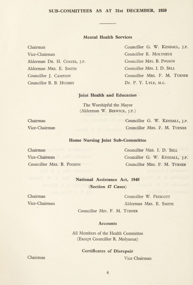 SUB-COMMITTEES AS AT 31st DECEMBER, 1959 Mental Health Services Chairman Councillor G. W. Kendall, j.p. Vice-Chairman Councillor R. Molyneux Alderman Dr. H. Coates, j.p. Councillor Mrs. B. Pogson Alderman Mrs. E. Smith Councillor Mrs. I. D. Sell Councillor J. Campion Councillor Mrs. F. M. Turner Councillor R. B. Hughes Dr. P. Y. Lyle, m.c. Joint Health and Education The Worshipful the Mayor (Alderman W. Berwick, j.p.) Chairman Councillor G. W. Kendall, j.p. Vice-Chairman Councillor Mrs. F. M. Turner Chairman Home Nursing Joint Sub-Committee Councillor Mrs. I. D. Sell Vice-Chairman Councillor G. W. Kendall, j.p. Councillor Mrs. B. Pogson Councillor Mrs. F. M. Turner National Assistance Act, 1948 (Section 47 Cases) Chairman Councillor W. Prescott Vice-Chairman Alderman Mrs. E. Smith Councillor Mrs. F. M. Turner Accounts All Members of the Health Committee (Except Councillor R. Molyneux) Chairman Certificates of Disrepair Vice Chairman