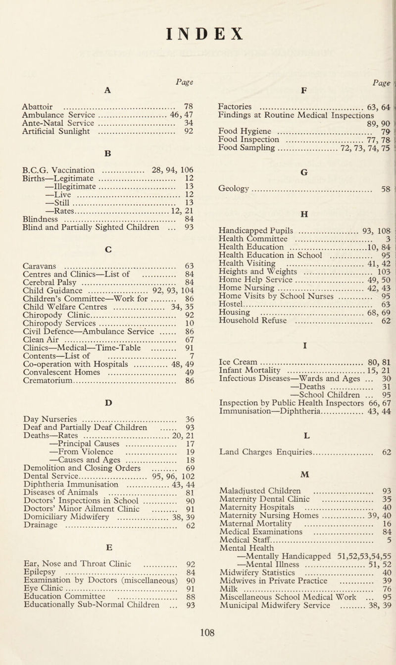 INDEX Abattoir . 78 Ambulance Service. 46, 47 Ante-Natal Service . 34 Artificial Sunlight . 92 B B.C.G. Vaccination . 28, 94, 106 Births—Legitimate . 12 —Illegitimate. 13 —Live . 12 —Still. 13 —Rates.12, 21 Blindness . 84 Blind and Partially Sighted Children ... 93 C Caravans . 63 Centres and Clinics—List of . 84 Cerebral Palsy . 84 Child Guidance .. 92, 93, 104 Children’s Committee—Work for. 86 Child Welfare Centres . 34, 35 Chiropody Clinic. 92 Chiropody Services . 10 Civil Defence—Ambulance Service . 86 Clean Air . 67 Clinics—Medical—Time-Table . 91 Contents—List of .. 7 Co-operation with Hospitals . 48, 49 Convalescent Homes . 49 Crematorium. 86 D Day Nurseries . 36 Deaf and Partially Deaf Children . 93 Deaths—Rates .20, 21 —Principal Causes . 17 —From Violence . 19 —Causes and Ages . 18 Demolition and Closing Orders . 69 Dental Service. 95, 96, 102 Diphtheria Immunisation .43, 44 Diseases of Animals . 81 Doctors’ Inspections in School . 90 Doctors’ Minor Ailment Clinic . 91 Domiciliary Midwifery . 38, 39 Drainage . 62 E Ear, Nose and Throat Clinic . 92 Epilepsy . 84 Examination by Doctors (miscellaneous) 90 Eye Clinic. 91 Education Committee . 88 Educationally Sub-Normal Children ... 93 Page « Factories . 63, 64 ‘i Findings at Routine Medical Inspections 89, 90 Food Hygiene . 79 Food Inspection . 77, 78 -I Food Sampling. 72, 73, 74, 75 : i G Geology. 58 ! H Handicapped Pupils . 93, 108 ; Health Committee . 3 Health Education .10, 84 - Health Education in School . 95 Health Visiting . 41, 42 Heights and Weights . 103 Home Help Service. 49, 50 Home Nursing. 42, 43 Home Visits by School Nurses . 95 < Hostel. 65 Housing . 68, 69 Household Refuse . 62 I Ice Cream. 80, 81 Infant Mortality .15, 21 Infectious Diseases—Wards and Ages ... 30 —Deaths . 31 —School Children ... 95 Inspection by Public Health Inspectors 66, 67 Immunisation—Diphtheria. 43, 44 L Land Charges Enquiries. 62 M Maladjusted Children . 93 Maternity Dental Clinic . 35 Maternity Hospitals . 40 Maternity Nursing Homes .39, 40 Maternal Mortality . 16 Medical Examinations . 84 Medical Staff. 5 Mental Health —Mentally Handicapped 51,52,53,54,55 —Mental Illness .. 51, 52 Midwifery Statistics . 40 Midwives in Private Practice . 39 Milk . 76 Miscellaneous School Medical Work ... 95 Municipal Midwifery Service . 38, 39