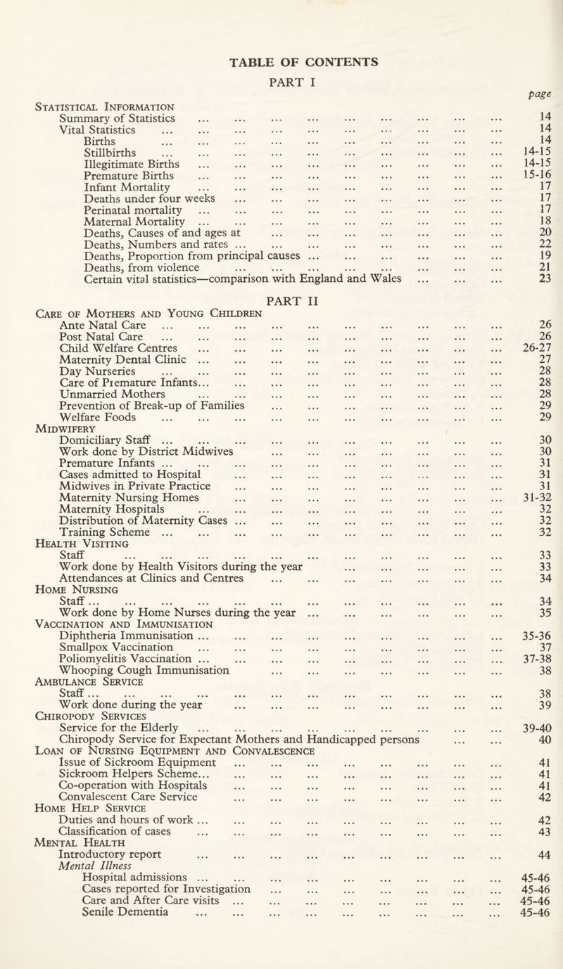 TABLE OF CONTENTS PART I Statistical Information Summary of Statistics ... ... ... ... ... Vital Statistics Births Stillbirths Illegitimate Births Premature Births Infant Mortality Deaths under four weeks Perinatal mortality Maternal Mortality ... Deaths, Causes of and ages at Deaths, Numbers and rates ... Deaths, Proportion from principal causes ... Deaths, from violence Certain vital statistics—comparison with England and Wales PART II Care of Mothers and Young Children Ante Natal Care Post Natal Care Child Welfare Centres Maternity Dental Clinic ... Day Nurseries Care of Piemature Infants... Unmarried Mothers Prevention of Break-up of Families Welfare Foods Midwifery Domiciliary Staff ... Work done by District Midwives Premature Infants ... Cases admitted to Hospital Midwives in Private Practice . Maternity Nursing Homes Maternity Hospitals Distribution of Maternity Cases ... Training Scheme ... Health Visiting ^)ta>ff ... ... ... ... ... ... ... ... Work done by Health Visitors during the year Attendances at Clinics and Centres Home Nursing tall... ... ... ... ... ... ... ... ... Work done by Home Nurses during the year ... Vaccination and Immunisation Diphtheria Immunisation ... Smallpox Vaccination Poliomyelitis Vaccination ... Whooping Cough Immunisation Ambulance Service ^5t^ilT... ... ... ... ... ... ... ... ... Work done during the year Chiropody Services Service for the Elderly Chiropody Service for Expectant Mothers and Handicapped persons Loan of Nursing Equipment and Convalescence Issue of Sickroom Equipment Sickroom Helpers Scheme... Co-operation with Hospitals Convalescent Care Service Home Help Service Duties and hours of work ... Classification of cases Mental Health Introductory report . Mental Illness Hospital admissions ... Cases reported for Investigation Care and After Care visits. Senile Dementia . page 14 14 14 14-15 14- 15 15- 16 17 17 17 18 20 22 19 21 23 26 26 26-27 27 28 28 28 29 29 30 30 31 31 31 31-32 32 32 32 33 33 34 34 35 35-36 37 37-38 38 38 39 39-40 40 41 41 41 42 42 43 44 45-46 45-46 45-46 45-46
