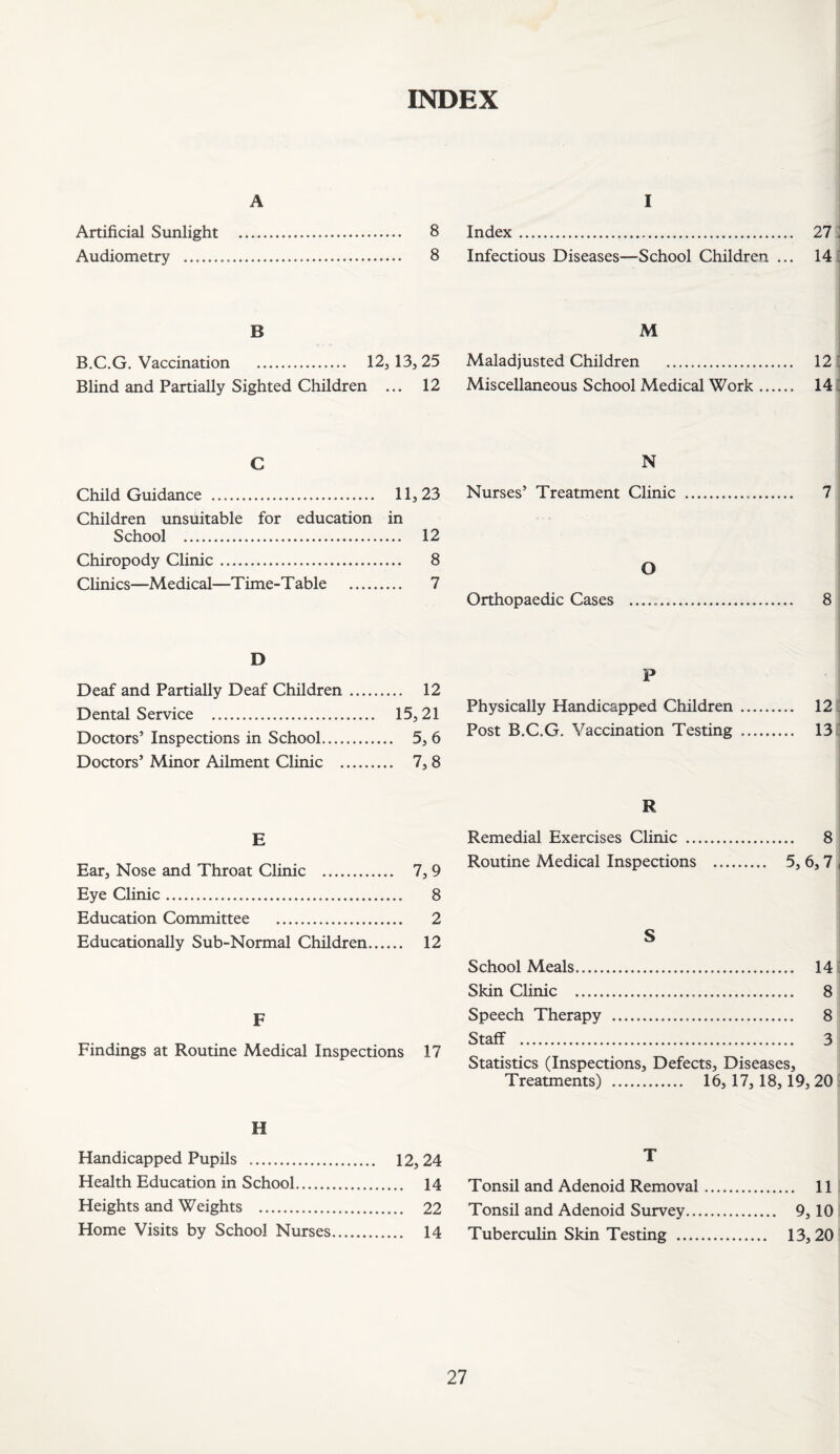 INDEX A Artificial Sunlight . 8 Audiometry . 8 B B.C.G. Vaccination . 12,13,25 Blind and Partially Sighted Children ... 12 C Child Guidance . 11,23 Children unsuitable for education in School . 12 Chiropody Clinic. 8 Clinics—Medical—Time-Table . 7 D Deaf and Partially Deaf Children. 12 Dental Service . 15,21 Doctors’ Inspections in School. 5, 6 Doctors’ Minor Ailment Clinic . 7,8 E Ear, Nose and Throat Clinic . 7, 9 Eye Clinic. 8 Education Committee . 2 Educationally Sub-Normal Children. 12 F Findings at Routine Medical Inspections 17 H Handicapped Pupils . 12,24 Health Education in School. 14 Heights and Weights . 22 Home Visits by School Nurses. 14 I Index. 211 Infectious Diseases—School Children ... 14 l M Maladjusted Children . 121 Miscellaneous School Medical Work. 14 ( N Nurses’ Treatment Clinic . 7 O Orthopaedic Cases . 8 P Physically Handicapped Children. 12 ’ Post B.C.G. Vaccination Testing . 13 ' R Remedial Exercises Clinic . 8 Routine Medical Inspections .. 5, 6,7 , S School Meals. 14 ' Skin Clinic . 8 Speech Therapy . 8 Staff . 3 Statistics (Inspections, Defects, Diseases, Treatments) . 16,17,18,19, 20 1 T Tonsil and Adenoid Removal. 11 i Tonsil and Adenoid Survey. 9,10 I Tuberculin Skin Testing . 13,20