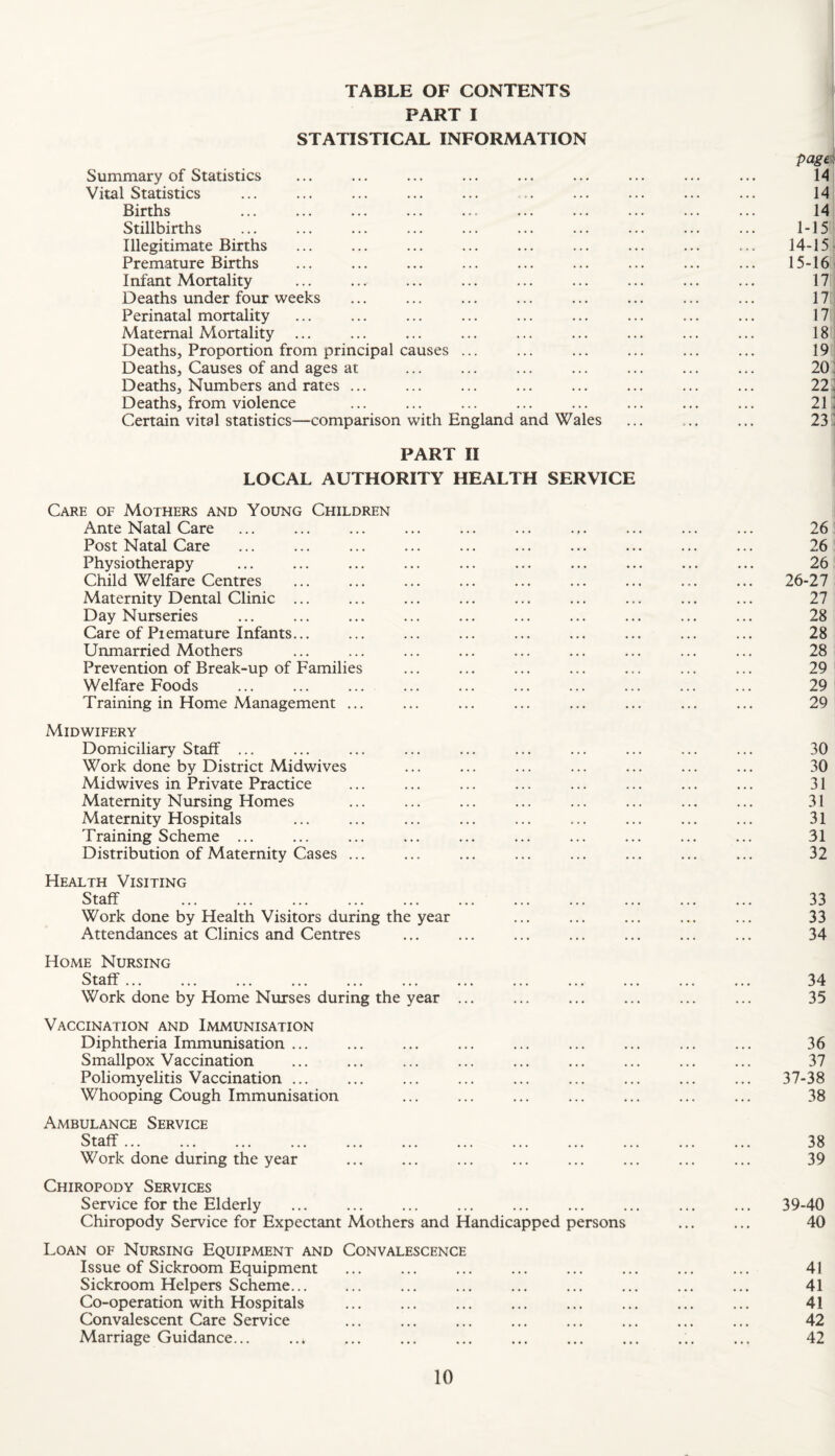 TABLE OF CONTENTS PART I STATISTICAL INFORMATION Summary of Statistics Vital Statistics Births Stillbirths Illegitimate Births Premature Births Infant Mortality Deaths under four weeks Perinatal mortality Maternal Mortality ... Deaths, Proportion from principal causes ... Deaths, Causes of and ages at Deaths, Numbers and rates ... Deaths, from violence Certain vital statistics—comparison with England and Wales PART II LOCAL AUTHORITY HEALTH SERVICE Care of Mothers and Young Children Ante Natal Care Post Natal Care Physiotherapy Child Welfare Centres Maternity Dental Clinic ... Day Nurseries Care of Piemature Infants... Unmarried Mothers Prevention of Break-up of Families Welfare Foods Training in Home Management ... Midwifery Domiciliary Staff ... Work done by District Midwives Midwives in Private Practice Maternity Nursing Homes Maternity Hospitals Training Scheme ... Distribution of Maternity Cases ... Health Visiting Staff Work done by Health Visitors during the year Attendances at Clinics and Centres Home Nursing Staff ... Work done by Home Nurses during the year ... Vaccination and Immunisation Diphtheria Immunisation ... Smallpox Vaccination Poliomyelitis Vaccination ... Whooping Cough Immunisation Ambulance Service Staff ... Work done during the year Chiropody Services Service for the Elderly Chiropody Service for Expectant Mothers and Handicapped persons Loan of Nursing Equipment and Convalescence Issue of Sickroom Equipment Sickroom Helpers Scheme. Co-operation with Hospitals Convalescent Care Service Marriage Guidance...