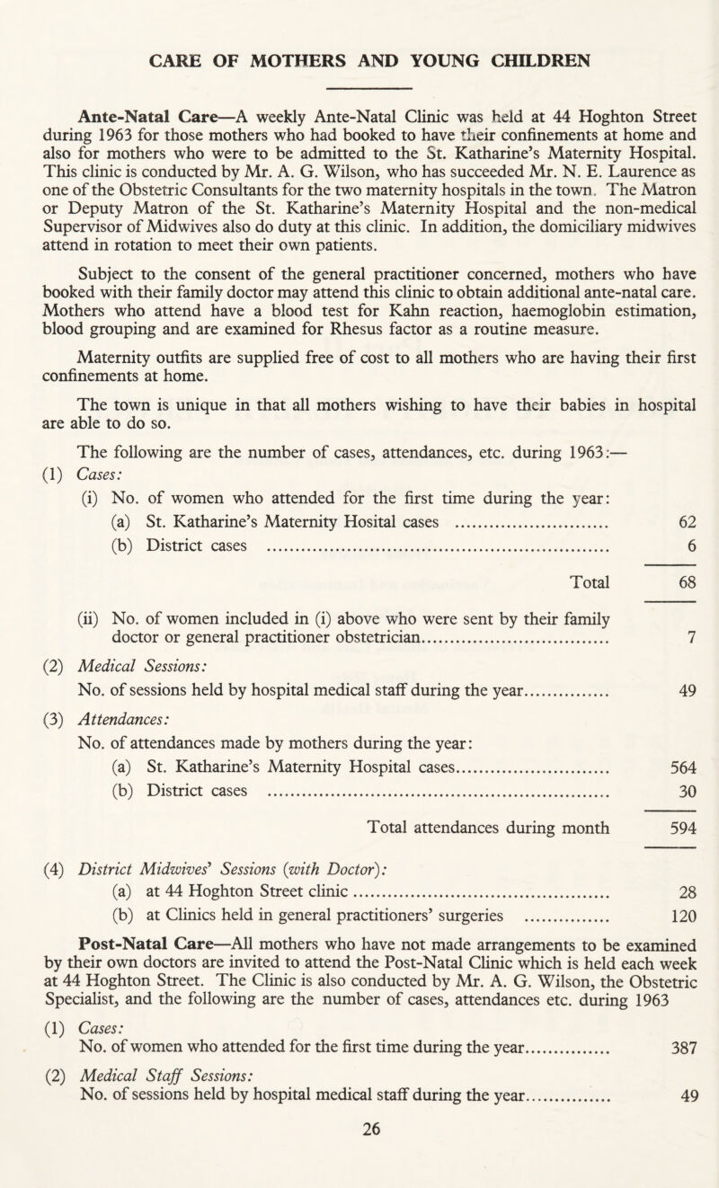 CARE OF MOTHERS AND YOUNG CHILDREN Ante-Natal Care—A weekly Ante-Natal Clinic was held at 44 Hoghton Street during 1963 for those mothers who had booked to have their confinements at home and also for mothers who were to be admitted to the St. Katharine’s Maternity Hospital. This clinic is conducted by Mr. A. G. Wilson, who has succeeded Mr. N. E. Laurence as one of the Obstetric Consultants for the two maternity hospitals in the town. The Matron or Deputy Matron of the St. Katharine’s Maternity Hospital and the non-medical Supervisor of Midwives also do duty at this clinic. In addition, the domiciliary midwives attend in rotation to meet their own patients. Subject to the consent of the general practitioner concerned, mothers who have booked with their family doctor may attend this clinic to obtain additional ante-natal care. Mothers who attend have a blood test for Kahn reaction, haemoglobin estimation, blood grouping and are examined for Rhesus factor as a routine measure. Maternity outfits are supplied free of cost to all mothers who are having their first confinements at home. The town is unique in that all mothers wishing to have their babies in hospital are able to do so. The following are the number of cases, attendances, etc. during 1963:— (1) Cases: (i) No. of women who attended for the first time during the year: (a) St. Katharine’s Maternity Hosital cases .. 62 (b) District cases . 6 Total 68 (ii) No. of women included in (i) above who were sent by their family doctor or general practitioner obstetrician. 7 (2) Medical Sessions: No. of sessions held by hospital medical staff during the year.. 49 (3) Attendances: No. of attendances made by mothers during the year: (a) St. Katharine’s Maternity Hospital cases. 564 (b) District cases . 30 Total attendances during month 594 (4) District Midwives'' Sessions {with Doctor): (a) at 44 Hoghton Street clinic. 28 (b) at Clinics held in general practitioners’ surgeries . 120 Post-Natal Care—All mothers who have not made arrangements to be examined by their own doctors are invited to attend the Post-Natal Clinic which is held each week at 44 Hoghton Street. The Clinic is also conducted by Mr. A. G. Wilson, the Obstetric Specialist, and the following are the number of cases, attendances etc. during 1963 (1) Cases: No. of women who attended for the first time during the year. 387 (2) Medical Staff Sessions: No. of sessions held by hospital medical staff during the year. 49
