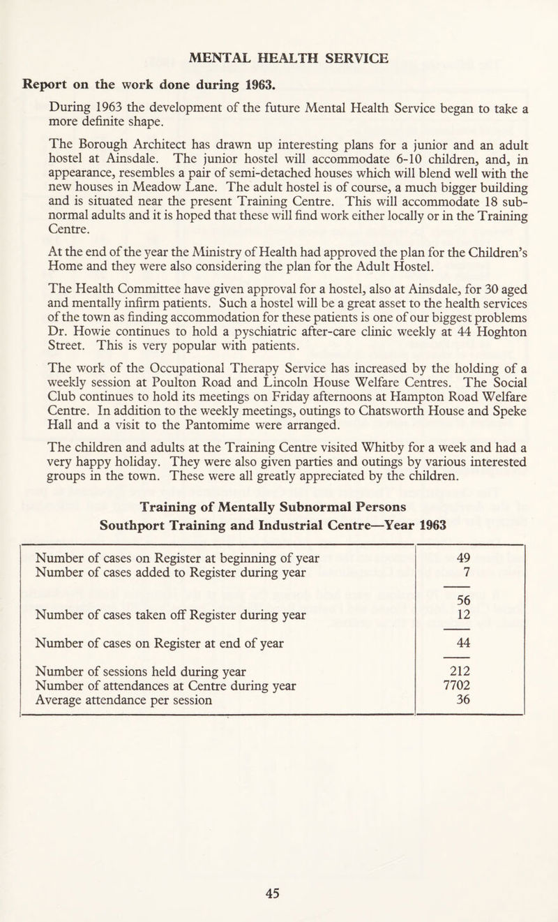MENTAL HEALTH SERVICE Report on the work done during 1963. During 1963 the development of the future Mental Health Service began to take a more definite shape. The Borough Architect has drawn up interesting plans for a junior and an adult hostel at Ainsdale. The junior hostel will accommodate 6-10 children, and, in appearance, resembles a pair of semi-detached houses which will blend well with the new houses in Meadow Lane. The adult hostel is of course, a much bigger building and is situated near the present Training Centre. This will accommodate 18 sub¬ normal adults and it is hoped that these will find work either locally or in the Training Centre. At the end of the year the Ministry of Health had approved the plan for the Children’s Home and they were also considering the plan for the Adult Hostel. The Health Committee have given approval for a hostel, also at Ainsdale, for 30 aged and mentally infirm patients. Such a hostel will be a great asset to the health services of the town as finding accommodation for these patients is one of our biggest problems Dr. Howie continues to hold a pyschiatric after-care clinic weekly at 44 Hoghton Street. This is very popular with patients. The work of the Occupational Therapy Service has increased by the holding of a weekly session at Poulton Road and Lincoln House Welfare Centres. The Social Club continues to hold its meetings on Friday afternoons at Hampton Road Welfare Centre. In addition to the weekly meetings, outings to Chatsworth House and Speke Hall and a visit to the Pantomime were arranged. The children and adults at the Training Centre visited Whitby for a week and had a very happy holiday. They were also given parties and outings by various interested groups in the town. These were all greatly appreciated by the children. Training of Mentally Subnormal Persons Southport Training and Industrial Centre—Year 1963 Number of cases on Register at beginning of year 49 Number of cases added to Register during year 7 56 Number of cases taken off Register during year 12 Number of cases on Register at end of year 44 Number of sessions held during year 212 Number of attendances at Centre during year 7702 Average attendance per session 36
