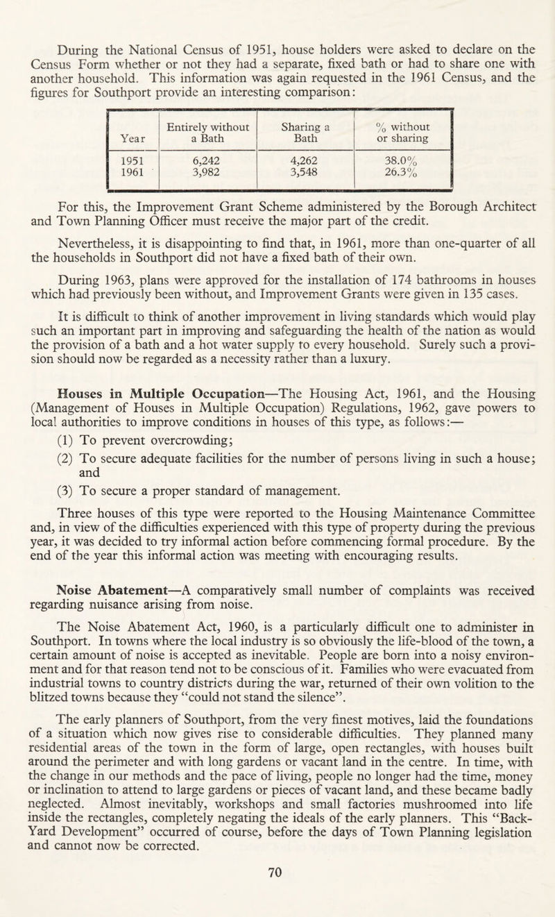 During the National Census of 1951, house holders were asked to declare on the Census Form whether or not they had a separate, fixed bath or had to share one with another household. This information was again requested in the 1961 Census, and the figures for Southport provide an interesting comparison: Entirely without Sharing a — % without Year a Bath Bath or sharing 1951 6,242 4,262 38.0% 1961 3,982 3,548 26.3% For this, the Improvement Grant Scheme administered by the Borough Architect and Town Planning Officer must receive the major part of the credit. Nevertheless, it is disappointing to find that, in 1961, more than one-quarter of all the households in Southport did not have a fixed bath of their own. During 1963, plans were approved for the installation of 174 bathrooms in houses which had previously been without, and Improvement Grants were given in 135 cases. It is difficult to think of another improvement in living standards which would play such an important part in improving and safeguarding the health of the nation as would the provision of a bath and a hot water supply to every household. Surely such a provi¬ sion should now be regarded as a necessity rather than a luxury. Houses in Multiple Occupation—The Housing Act, 1961, and the Housing (Management of Houses in Multiple Occupation) Regulations, 1962, gave powers to local authorities to improve conditions in houses of this type, as follows:— (1) To prevent overcrowding; (2) To secure adequate facilities for the number of persons living in such a house; and (3) To secure a proper standard of management. Three houses of this type were reported to the Housing Maintenance Committee and, in view of the difficulties experienced with this type of property during the previous year, it was decided to try informal action before commencing formal procedure. By the end of the year this informal action was meeting with encouraging results. Noise Abatement—A comparatively small number of complaints was received regarding nuisance arising from noise. The Noise Abatement Act, 1960, is a particularly difficult one to administer in Southport. In towns where the local industry is so obviously the life-blood of the town, a certain amount of noise is accepted as inevitable. People are born into a noisy environ¬ ment and for that reason tend not to be conscious of it. Families who were evacuated from industrial towns to country districts during the war, returned of their own volition to the blitzed towns because they “could not stand the silence”. The early planners of Southport, from the very finest motives, laid the foundations of a situation which now gives rise to considerable difficulties. They planned many residential areas of the town in the form of large, open rectangles, with houses built around the perimeter and with long gardens or vacant land in the centre. In time, with the change in our methods and the pace of living, people no longer had the time, money or inclination to attend to large gardens or pieces of vacant land, and these became badly neglected. Almost inevitably, workshops and small factories mushroomed into life inside the rectangles, completely negating the ideals of the early planners. This “Back- Yard Development” occurred of course, before the days of Town Planning legislation and cannot now be corrected.