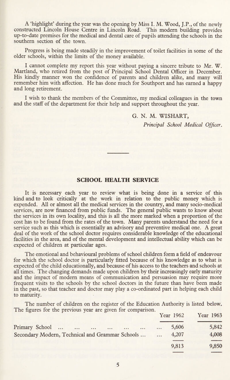 A ‘highlight’ during the year was the opening by Miss I. M. Wood, J.P., of the newly constructed Lincoln House Centre in Lincoln Road. This modern building provides up-to-date premises for the medical and dental care of pupils attending the schools in the southern section of the town. Progress is being made steadily in the improvement of toilet facilities in some of the older schools, within the limits of the money available. I cannot complete my report this year without paying a sincere tribute to Mr. W. Martland, who retired from the post of Principal School Dental Officer in December. His kindly manner won the confidence of parents and children alike, and many will remember him with affection. He has done much for Southport and has earned a happy and long retirement. I wish to thank the members of the Committee, my medical colleagues in the town and the staff of the department for their help and support throughout the year. G. N. M. WISHART, Principal School Medical Officer, SCHOOL HEALTH SERVICE It is necessary each year to review what is being done in a service of this kind and to look critically at the work in relation to the public money which is expended. All or almost all the medical services in the country, and many socio-medical services, are now financed from public funds. The general public wants to know about the services in its own locality, and this is all the more marked when a proportion of the cost has to be found from the rates of the town. Many parents understand the need for a service such as this which is essentially an advisory and preventive medical one. A great deal of the work of the school doctor requires considerable knowledge of the educational facilities in the area, and of the mental development and intellectual ability which can be expected of children at particular ages. The emotional and behavioural problems of school children form a field of endeavour for which the school doctor is particularly fitted because of his knowledge as to what is expected of the child educationally, and because of his access to the teachers and schools at all times. The changing demands made upon children by their increasingly early maturity and the impact of modern means of communication and persuasion may require more frequent visits to the schools by the school doctors in the future than have been made in the past, so that teacher and doctor may play a co-ordinated part in helping each child to maturity. The number of children on the register of the Education Authority is listed below. The figures for the previous year are given for comparison. Year 1962 Year 1963 Primary School . 5,606 5,842 Secondary Modern, Technical and Grammar Schools. 4,207 4,008 9,813 9,850
