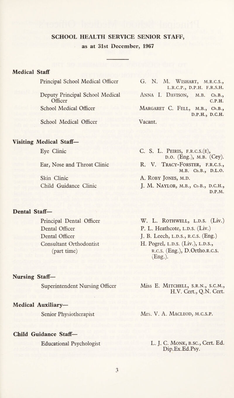 SCHOOL HEALTH SERVICE SENIOR STAFF, as at 31st December, 1967 Medical Staff Principal School Medical Officer G. N. M. WiSHART, M.R.C.S., L.R.C.P., D.P.H. F.R.S.H. Deputy Principal School Medical Anna I. Davison, m.b. Ch.B., Officer C.P.H. School Medical Officer Margaret C. Fell, m.b., ch.b., D.P.H., D.C.H. School Medical Officer Vacant. Visiting Medical Staff— Eye Clinic C. S. L. Peiris, f.r.c.s.(e), D.o. (Eng.), M.B. (Cey). Ear, Nose and Throat Clinic R. V. Tracy-Forster, f.r.c.s., M.B. Ch.B., D.L.O. Skin Clinic A. Roby Jones, m.d. Child Guidance Clinic J. M. Naylor, m.b., ch-b., d.c.h., D.P.M. Dental Staff— Principal Dental Officer W. L. Rothwell, l.d.s. (Liv.) Dental Officer P. L. Heathcote, l.d.s. (Liv.) Dental Officer J. B. Leech, l.d.s., r.c.s. (Eng.) Consultant Orthodontist H. Pogrel, L.D.S. (Liv.), l.d.s.. (part time) R.c.s. (Eng.), D.Ortho.R.c.s. (Eng.). Nursing Staff— Superintendent Nursing Officer Miss E. Mitchell, s.r.n., s.c.m., H.V. Cert., Q.N. Cert. Medical Auxiliary— Senior Physiotherapist Mrs. V. A. Macleod, m.c.s.p. Child Guidance Staff— Educational Psychologist L. J. C. Monk, b.sc.. Cert. Ed. Dip.Ex.Ed.Psy.