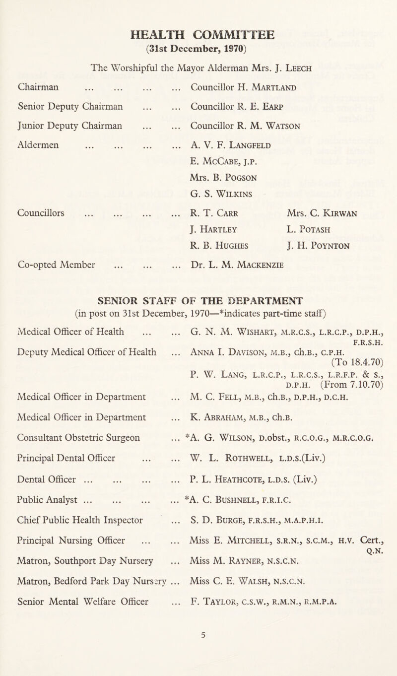 HEALTH COMMITTEE (31st December, 1970) The Worshipful the Mayor Alderman Mrs. J. Leech Chairman Councillor H. Maryland Senior Deputy Chairman Junior Deputy Chairman Aldermen .. ... Councillor R. E. Earp ... Councillor R. M. Watson ... A. V. F. Langfeld E. McCabe, j.p. Mrs. B, Pogson G. S. Wilkins Councillors Co-opted Member ... R. T. Carr J. Hartley R. B. Hughes Mrs. C. Kir wan L. Potash J. H. Poynton Dr. L. M. Mackenzie SENIOR STAFF OF THE DEPARTMENT (in post on 31st December, 1970—^indicates part-time staff) Medical Officer of Health G. N. M. WlSHART, M.R.C.S., L.R.C.P., D.P.H., F.R.S.H. Deputy Medical Officer of Health Medical Officer in Department Medical Officer in Department Consultant Obstetric Surgeon Principal Dental Officer . Dental Officer. Public Analyst. Chief Public Health Inspector Principal Nursing Officer . Matron, Southport Day Nursery Matron, Bedford Park Day Nursery ... Senior Mental Welfare Officer Anna I. Davison, m.b., ch.B., c.p.h. (To 18.4.70) P. W. Lang, l.r.c.p., l.r.c.s., l.r.f.p. & s., d.p.h. (From 7.10.70) M. C. Fell, m.b., ch.B., d.p.h., d.c.h. K. Abraham, m.b., ch.B. *A. G. Wilson, D.obst., r.c.o.g., m.r.c.o.g. W. L. Rothwell, L.D.s.(Liv.) P. L. Heathcote, l.d.s. (Liv.) *A. C. Bushnell, f.r.i.c. S. D. Burge, f.r.s.h., m.a.p.h.i. Miss E. Mitchell, s.r.n., s.c.m., h.v. Cert., Q.N. Miss M. Rayner, n.s.c.n. Miss C. E. Walsh, n.s.c.n. F. Taylor, c.s.w., r.m.n., r.m.p.a.