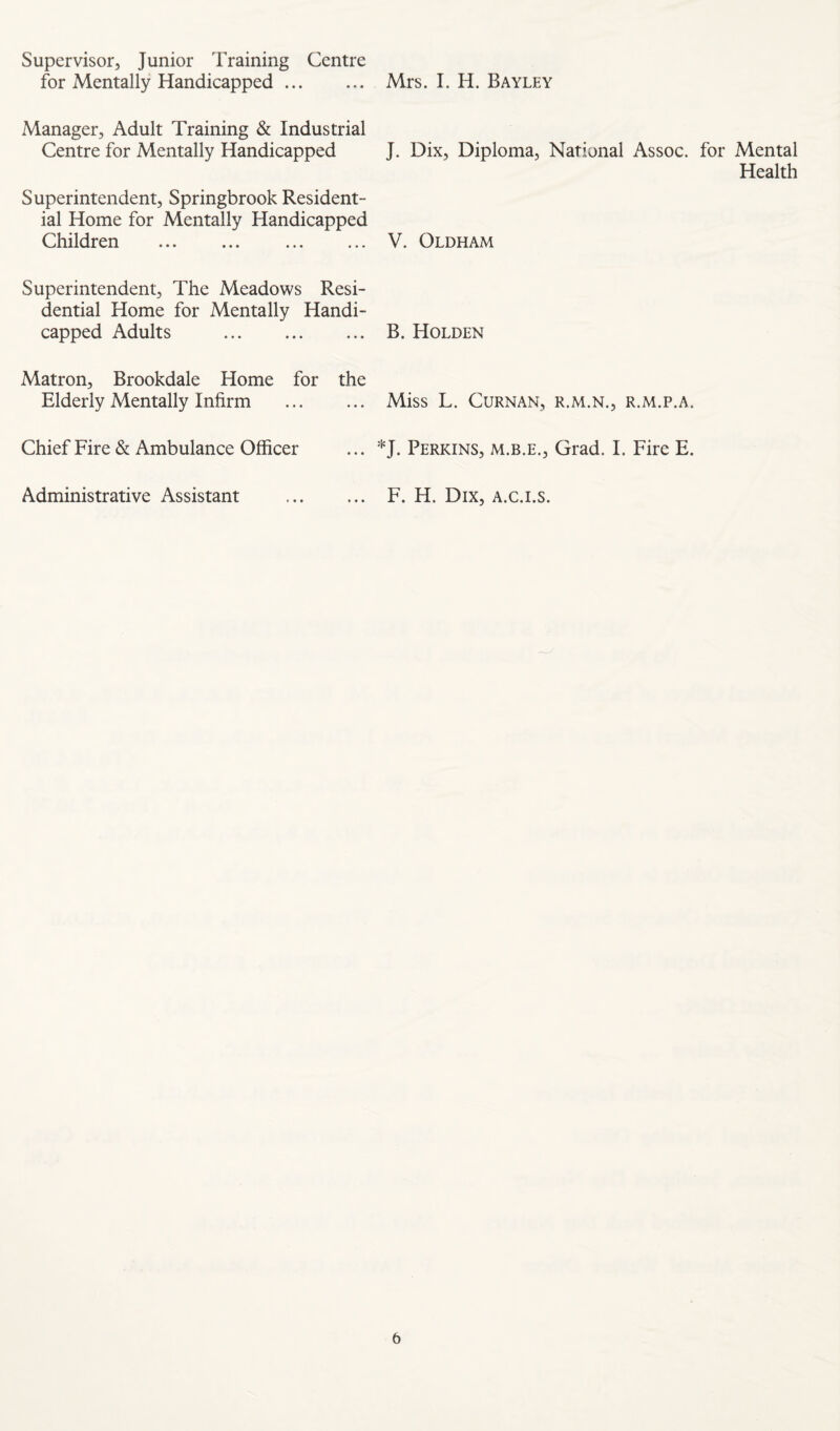 Supervisor, Junior Training Centre for Mentally Handicapped. Mrs. I. H. Bayley Manager, Adult Training & Industrial Centre for Mentally Handicapped J. Dix, Diploma, National Assoc, for Mental Health Superintendent, Springbrook Resident¬ ial Home for Mentally Handicapped Children ... ... . V. Oldham Superintendent, The Meadows Resi¬ dential Home for Mentally Handi¬ capped Adults . B. Holden Matron, Brookdale Home for the Elderly Mentally Infirm . Miss L. Curnan, r.m.n., r.m.p.a. Chief Fire & Ambulance Officer ... *J. Perkins, m.b.e., Grad. I. Fire E. Administrative Assistant . F. H. Dix, A.c.i.s. b
