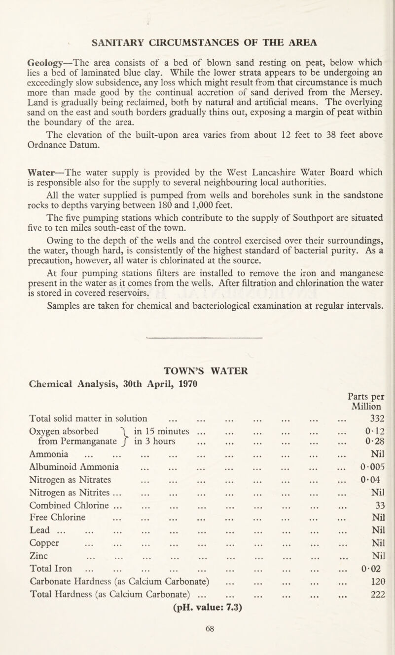 SANITARY CIRCUMSTANCES OF THE AREA Geology-—The area consists of a bed of blown sand resting on peat, below which lies a bed of laminated blue clay. While the lower strata appears to be undergoing an exceedingly slow subsidence, any loss which might result from that circumstance is much more than made good by the continual accretion of sand derived from the Mersey. Land is gradually being reclaimed, both by natural and artificial means. The overlying sand on the east and south borders gradually thins out, exposing a margin of peat within the boundary of the area. The elevation of the built-upon area varies from about 12 feet to 38 feet above Ordnance Datum. Water—-The water supply is provided by the West Lancashire Water Board which is responsible also for the supply to several neighbouring local authorities. All the water supplied is pumped from wells and boreholes sunk in the sandstone rocks to depths varying between 180 and 1,000 feet. The five pumping stations which contribute to the supply of Southport are situated five to ten miles south-east of the town. Owing to the depth of the wells and the control exercised over their surroundings, the water, though hard, is consistently of the highest standard of bacterial purity. As a precaution, however, all water is chlorinated at the source. At four pumping stations filters are installed to remove the iron and manganese present in the water as it comes from the wells. After filtration and chlorination the water is stored in covered reservoirs. Samples are taken for chemical and bacteriological examination at regular intervals. TOWN’S WATER Chemical Analysis, 30th April, 1970 Total solid matter in solution . Oxygen absorbed \ in 15 minutes. from Permanganate J in 3 hours . Ammonia . Albuminoid Ammonia . Nitrogen as Nitrates . Nitrogen as Nitrites. Combined Chlorine. Free Chlorine . Lead ... ... ... ... ... ... ... Copper . Zinc . Total Iron . ... . Carbonate Hardness (as Calcium Carbonate) Total Hardness (as Calcium Carbonate). (pH. value: 7.3) Parts per Million 332 0-12 0-28 Nil 0*005 0-04 Nil 33 Nil Nil Nil Nil 0*02 120 222