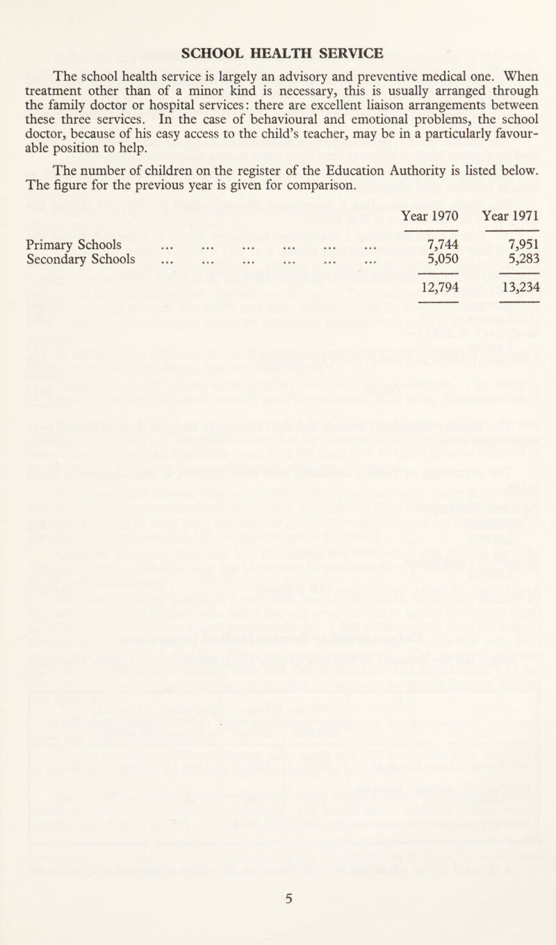 SCHOOL HEALTH SERVICE The school health service is largely an advisory and preventive medical one. When treatment other than of a minor kind is necessary, this is usually arranged through the family doctor or hospital services: there are excellent liaison arrangements between these three services. In the case of behavioural and emotional problems, the school doctor, because of his easy access to the child’s teacher, may be in a particularly favour¬ able position to help. The number of children on the register of the Education Authority is listed below. The figure for the previous year is given for comparison. Year 1970 Year 1971 Primary Schools Secondary Schools 7,744 7,951 5,050 5,283 12,794 13,234